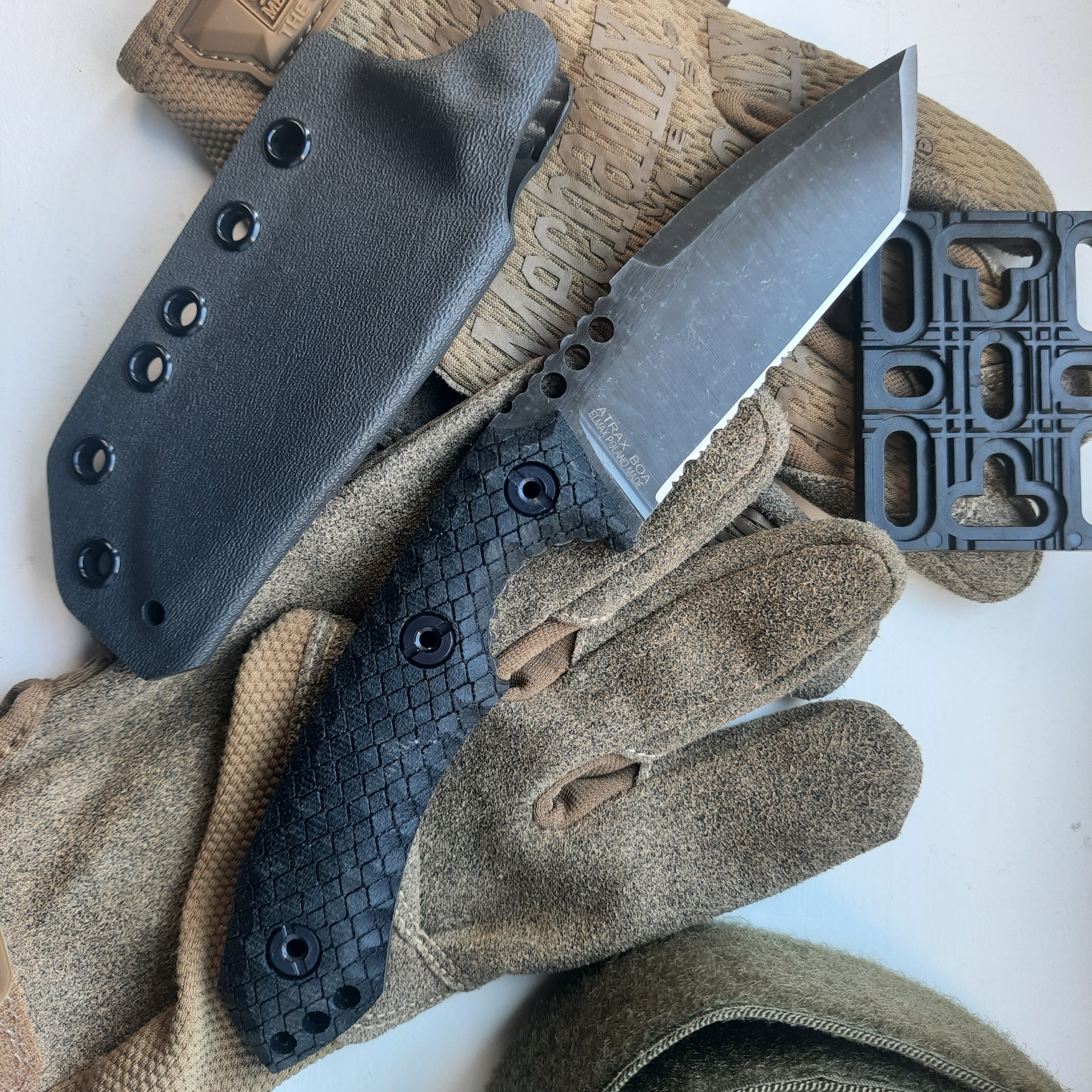 Atrax BOA Stonewashed Tactical Knife with Black Canvas Micarta handle and Gunmetal Grey Kydex