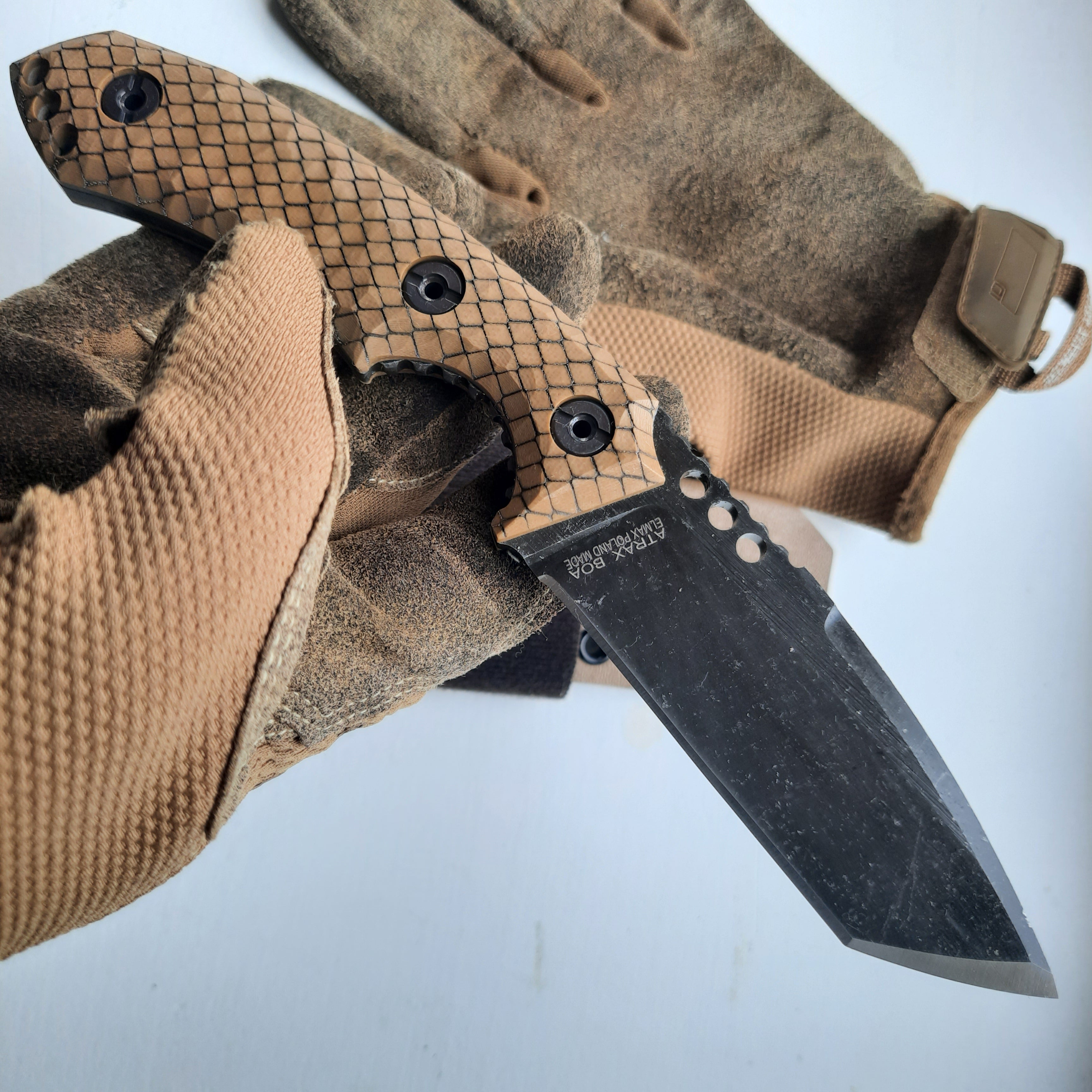 Atrax BOA Tactical Knife Stonewashed with Brown G10 Handle