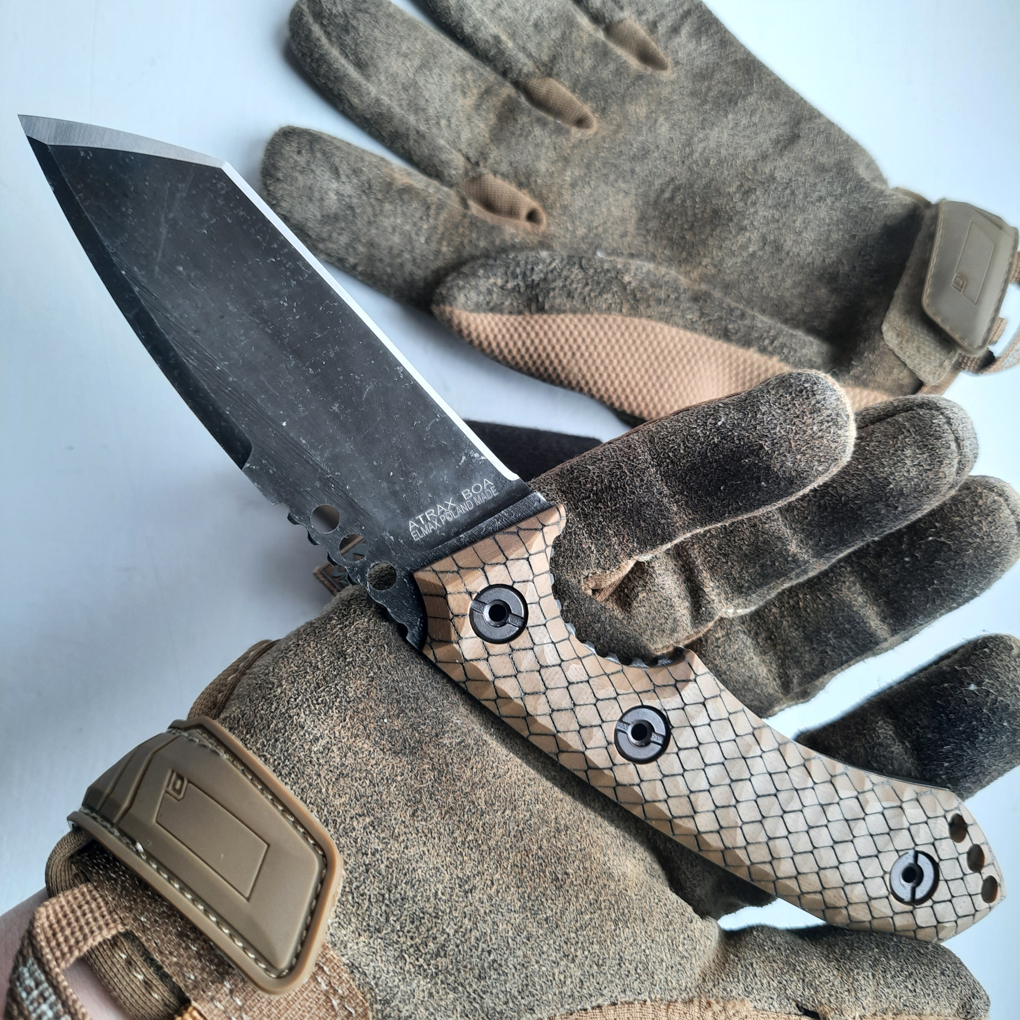 Atrax BOA Tactical Knife Stonewashed with Brown G10 Handle