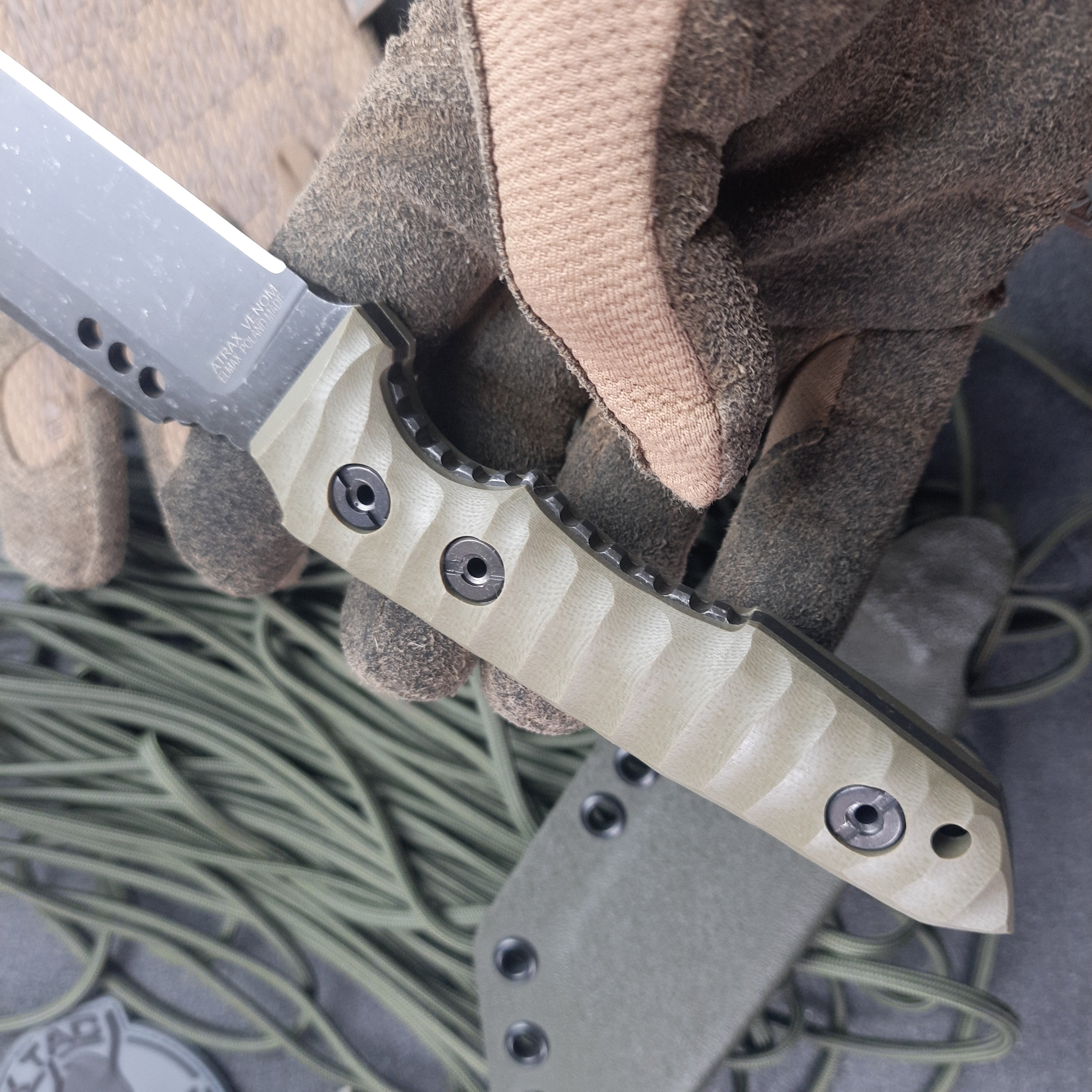 Atrax Venom Tactical & Daycare Knife Stonewashed with OD Green G10 Handle