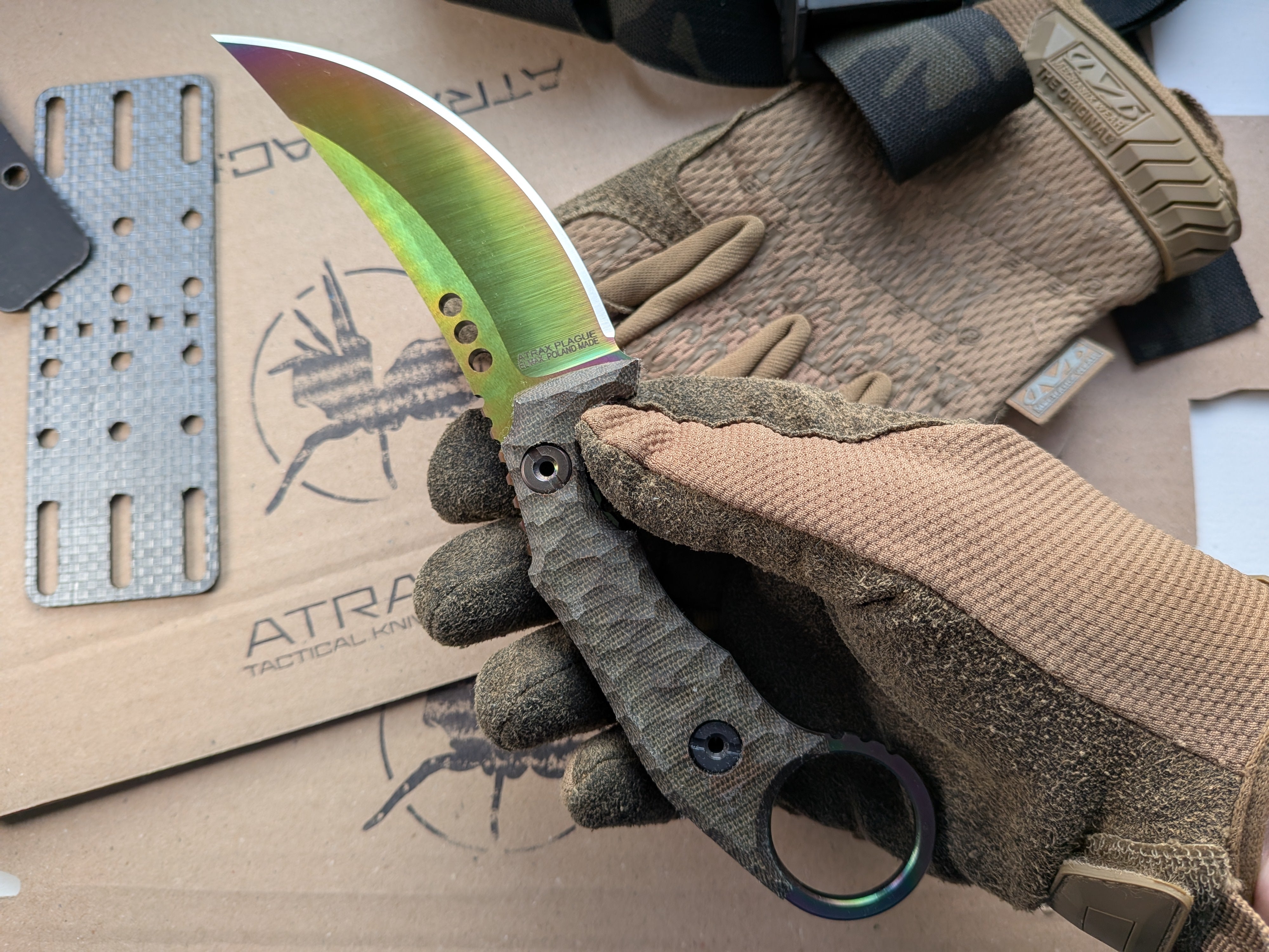 Atrax Plague ARC ta-C coating, green canvas micarta handle and Olive kydex
