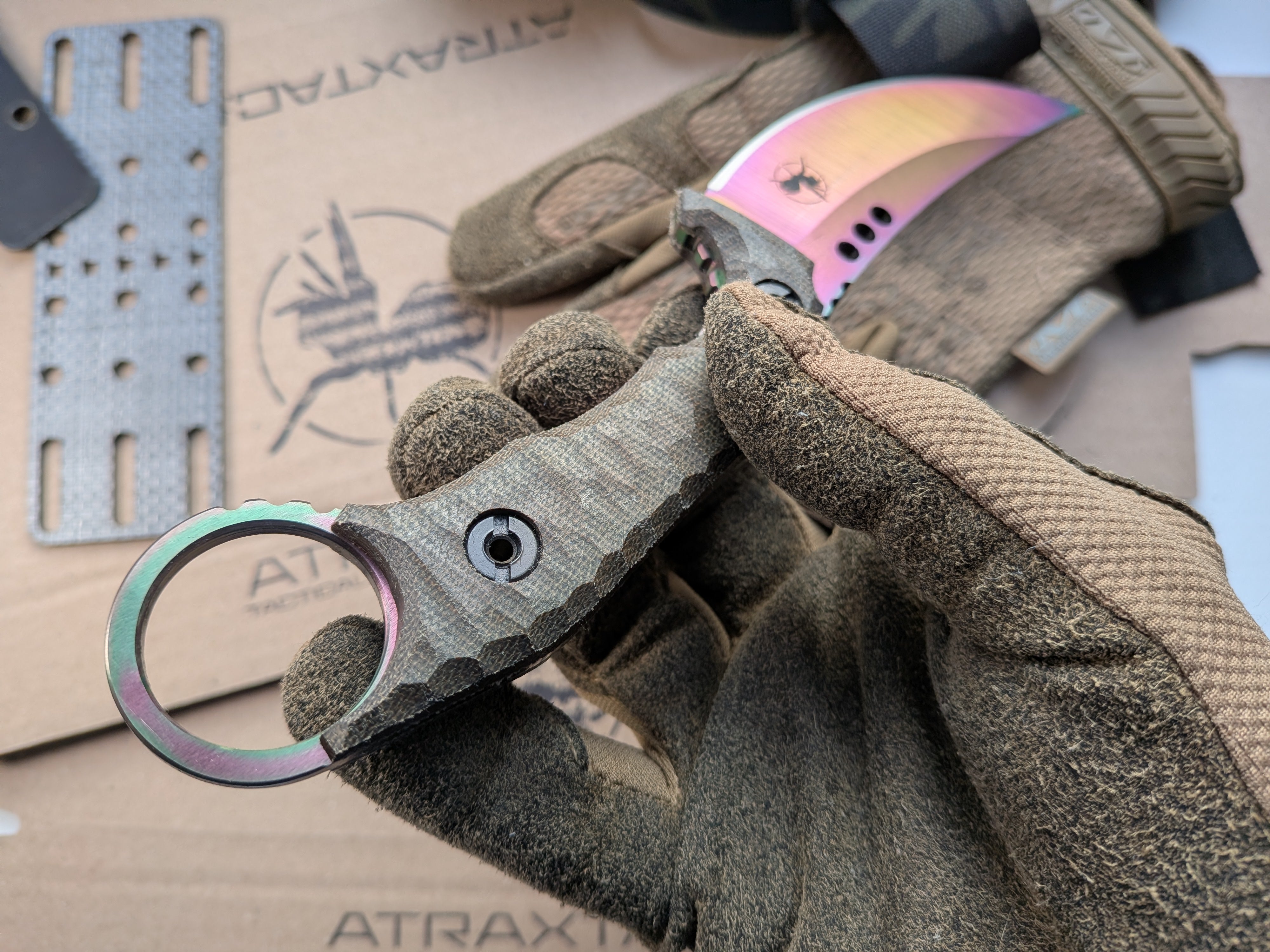 Atrax Plague ARC ta-C coating, green canvas micarta handle and Olive kydex