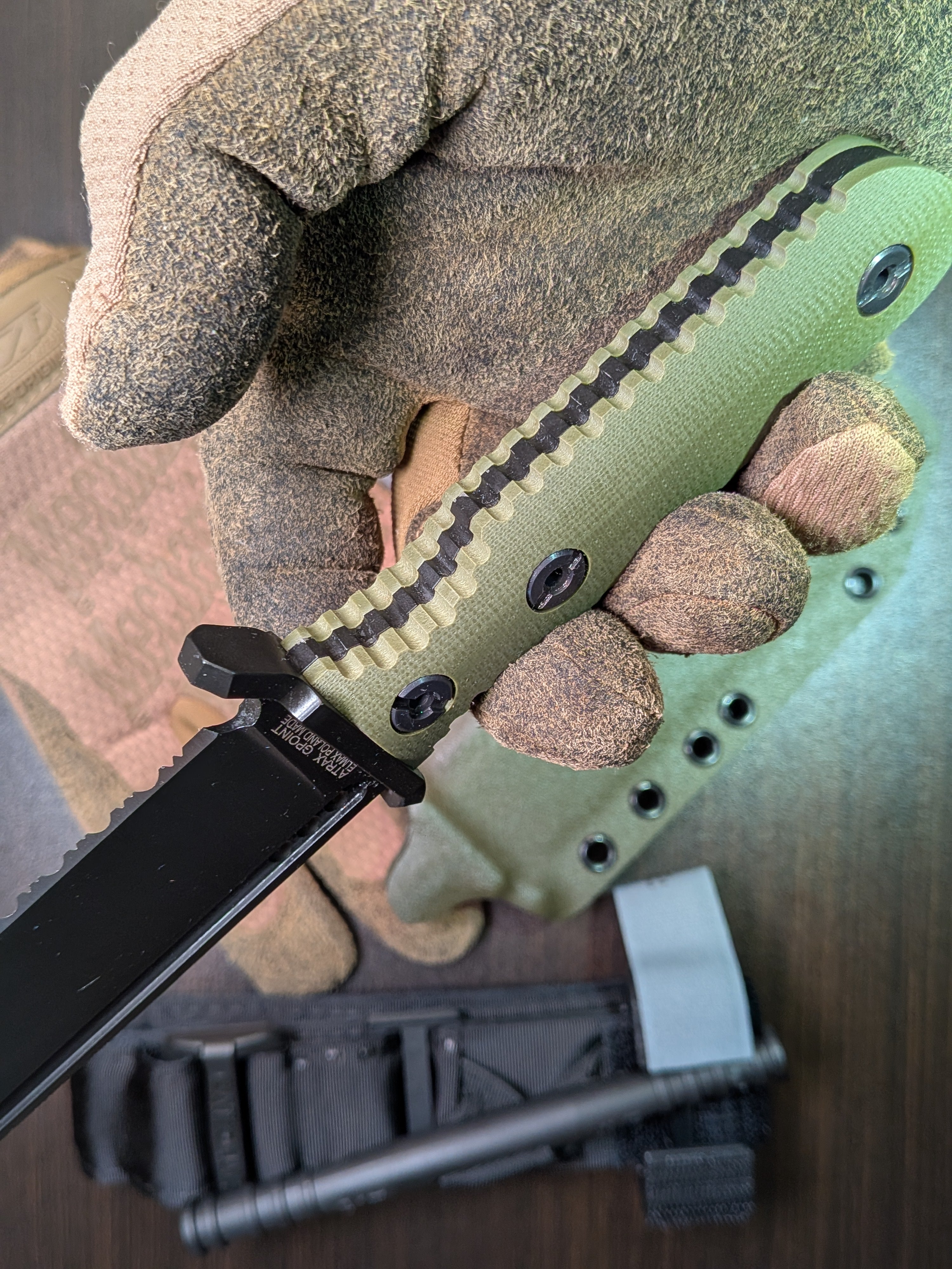Atrax GPOINT Tactical Knife with OLIVE G10 HANDLE & Armor Black Cerakote steel finish