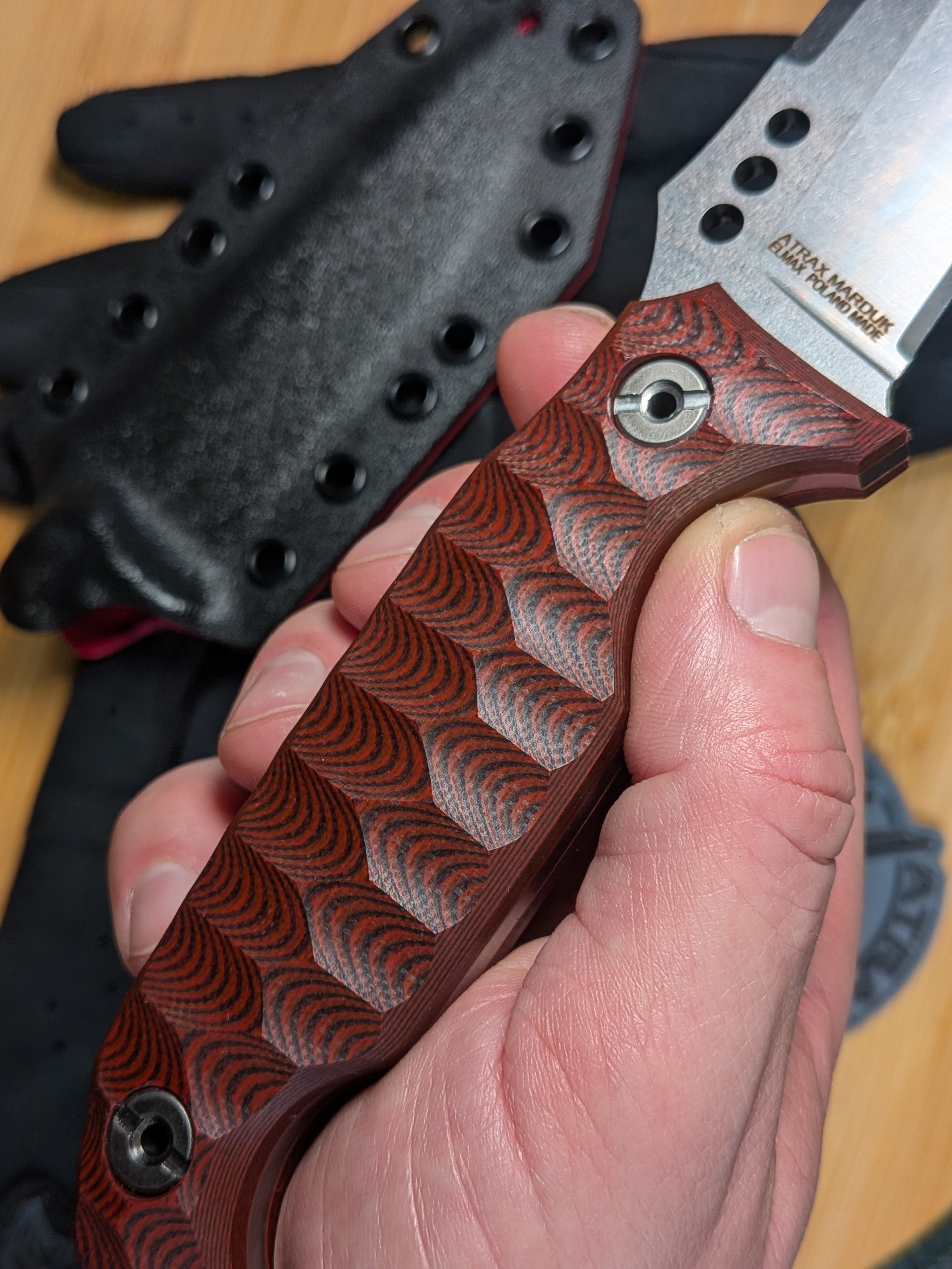 Atrax MARDUK EDC Knife Silver Satin with Ruby Red/Black G10 Handle