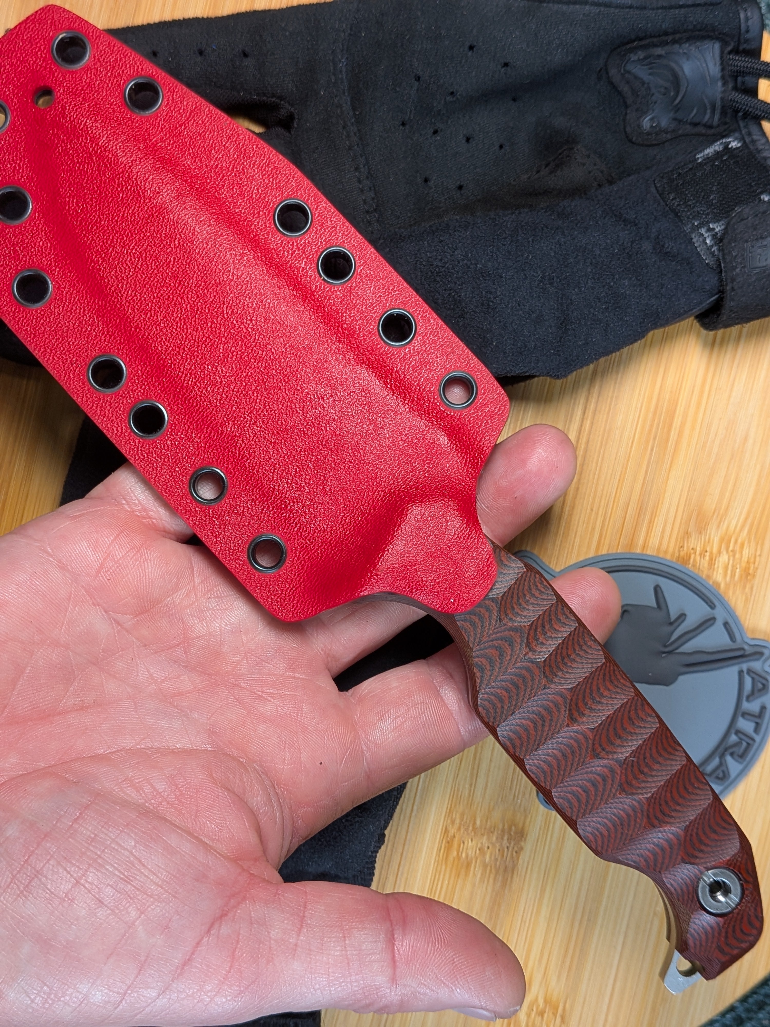 Atrax MARDUK EDC Knife Silver Satin with Ruby Red/Black G10 Handle