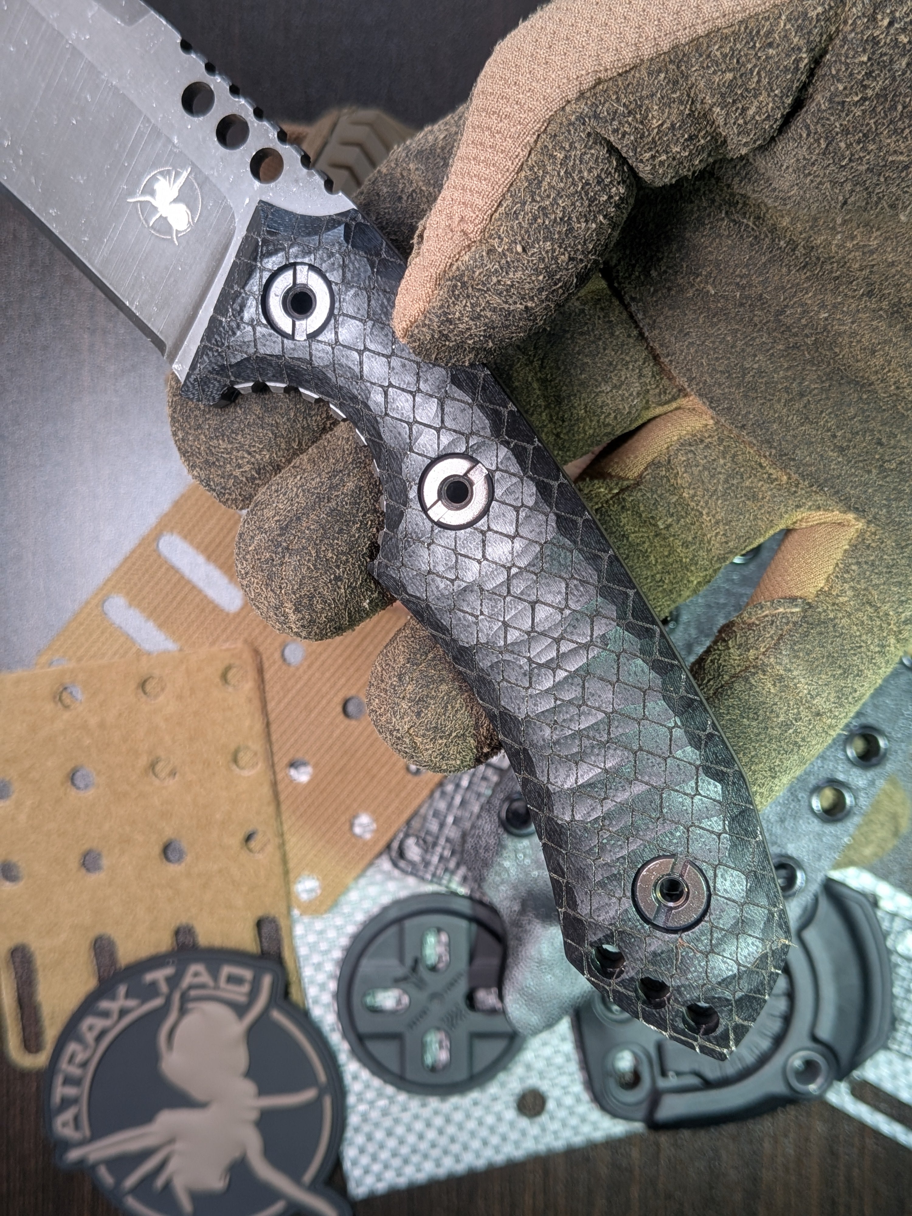 Atrax BOA Stonewashed Tactical Knife with Black G10 handle and Black Kydex