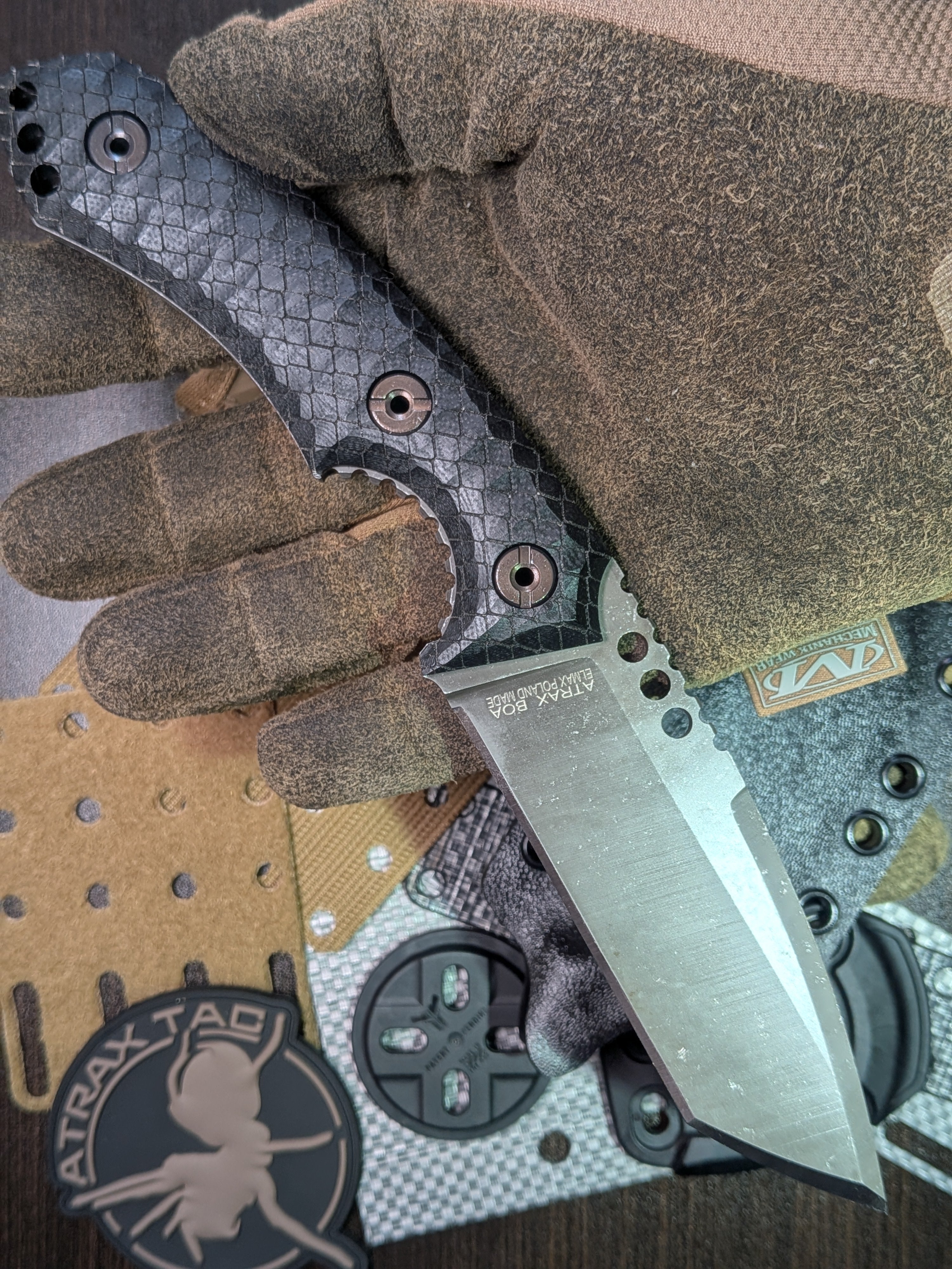 Atrax BOA Stonewashed Tactical Knife with Black G10 handle and Black Kydex