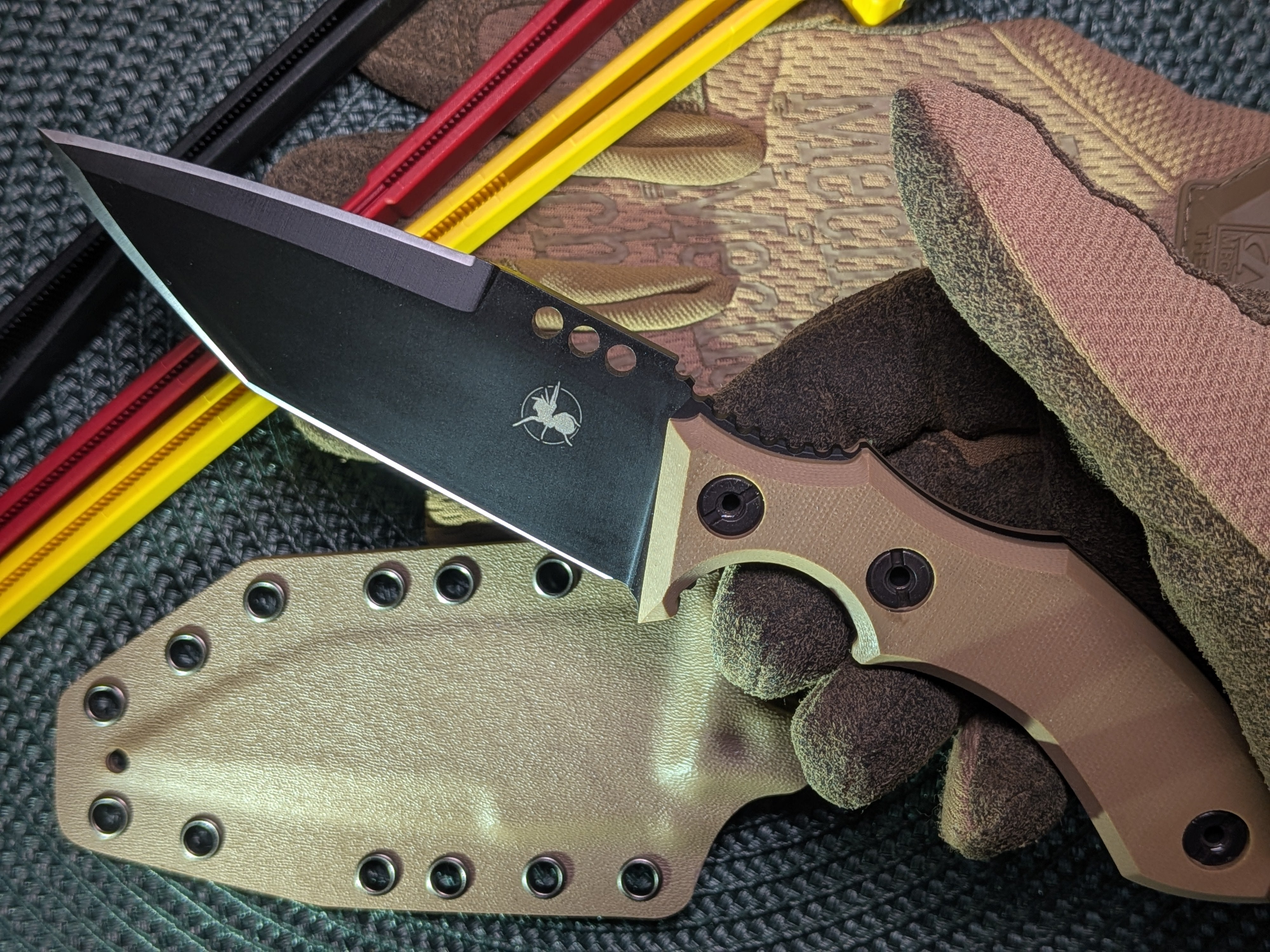 Atrax Rogue Armor black cerakote tactical knife with brown G10 Handle
