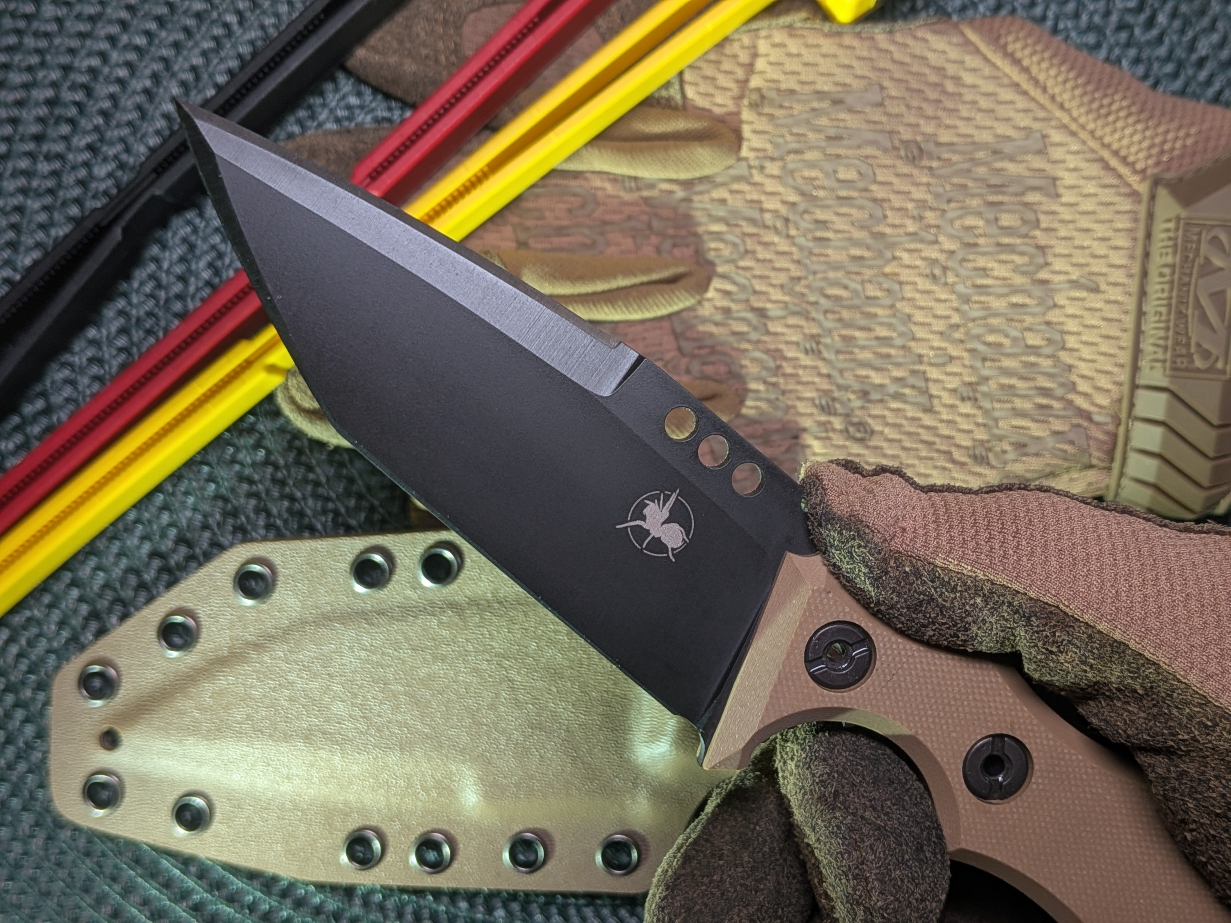 Atrax Rogue Armor black cerakote tactical knife with brown G10 Handle