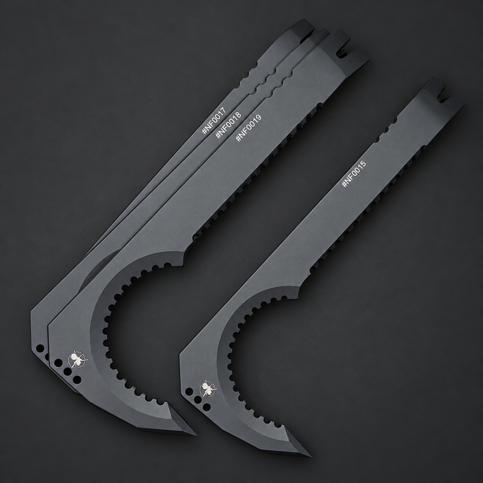 Atrax NFORCE rescue pry bars in Armor Black Cerakote on a graphite background