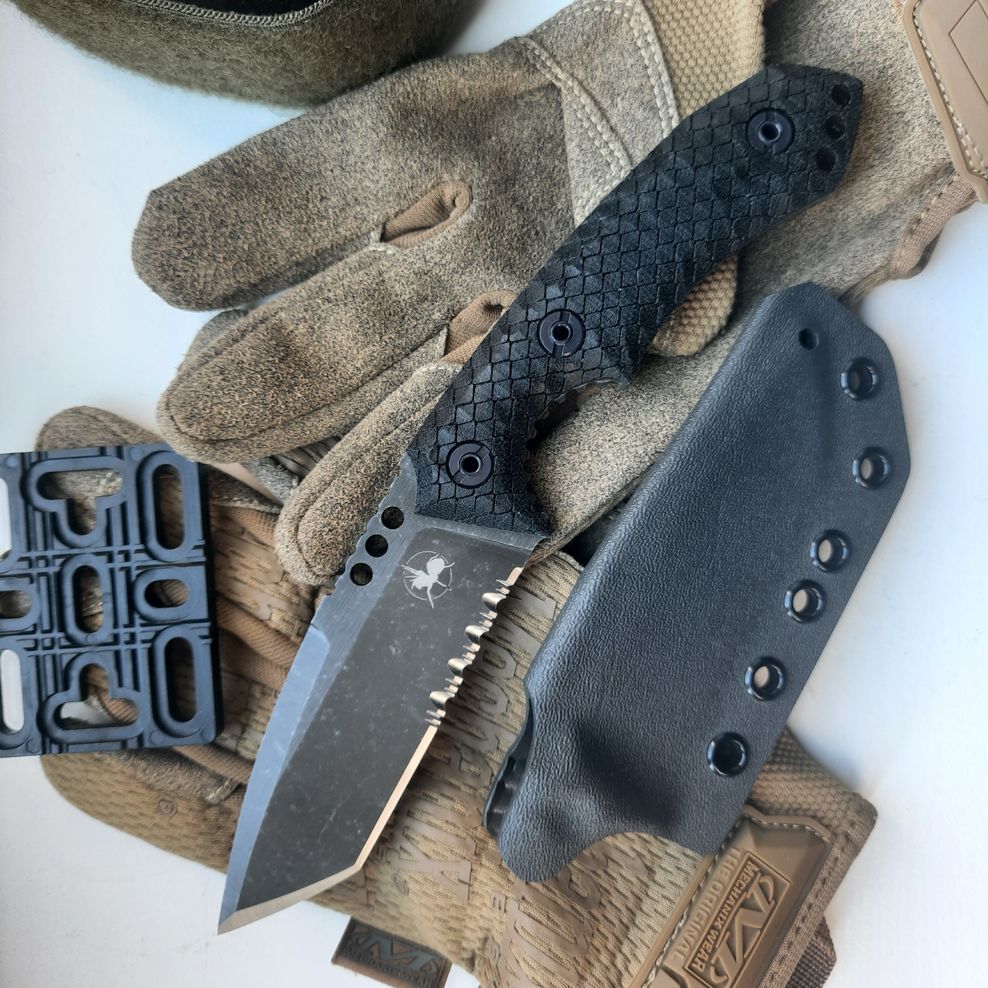 Atrax BOA Stonewashed Tactical Knife with Black Canvas Micarta handle and Gunmetal Grey Kydex