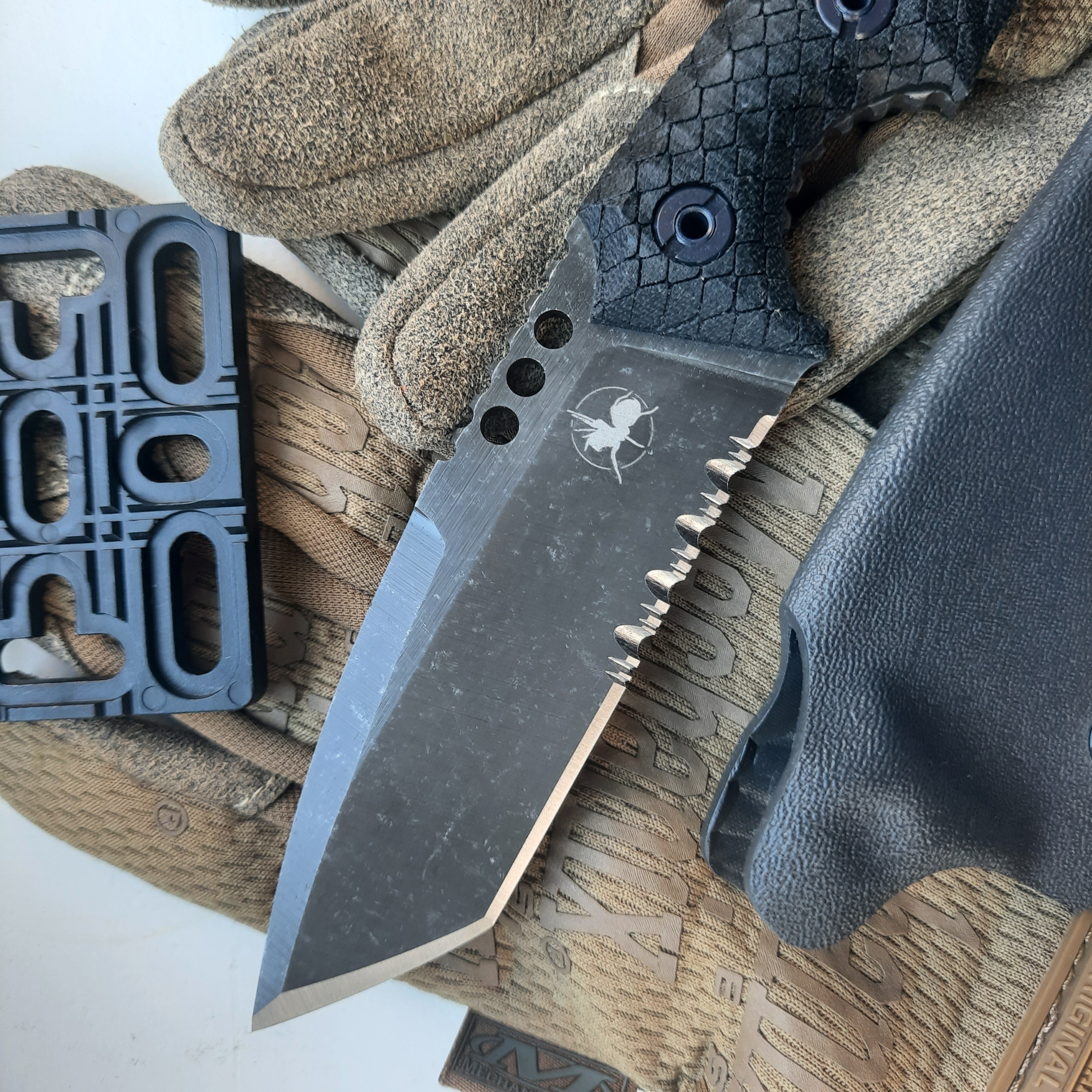 Atrax BOA Stonewashed Tactical Knife with Black Canvas Micarta handle and Gunmetal Grey Kydex