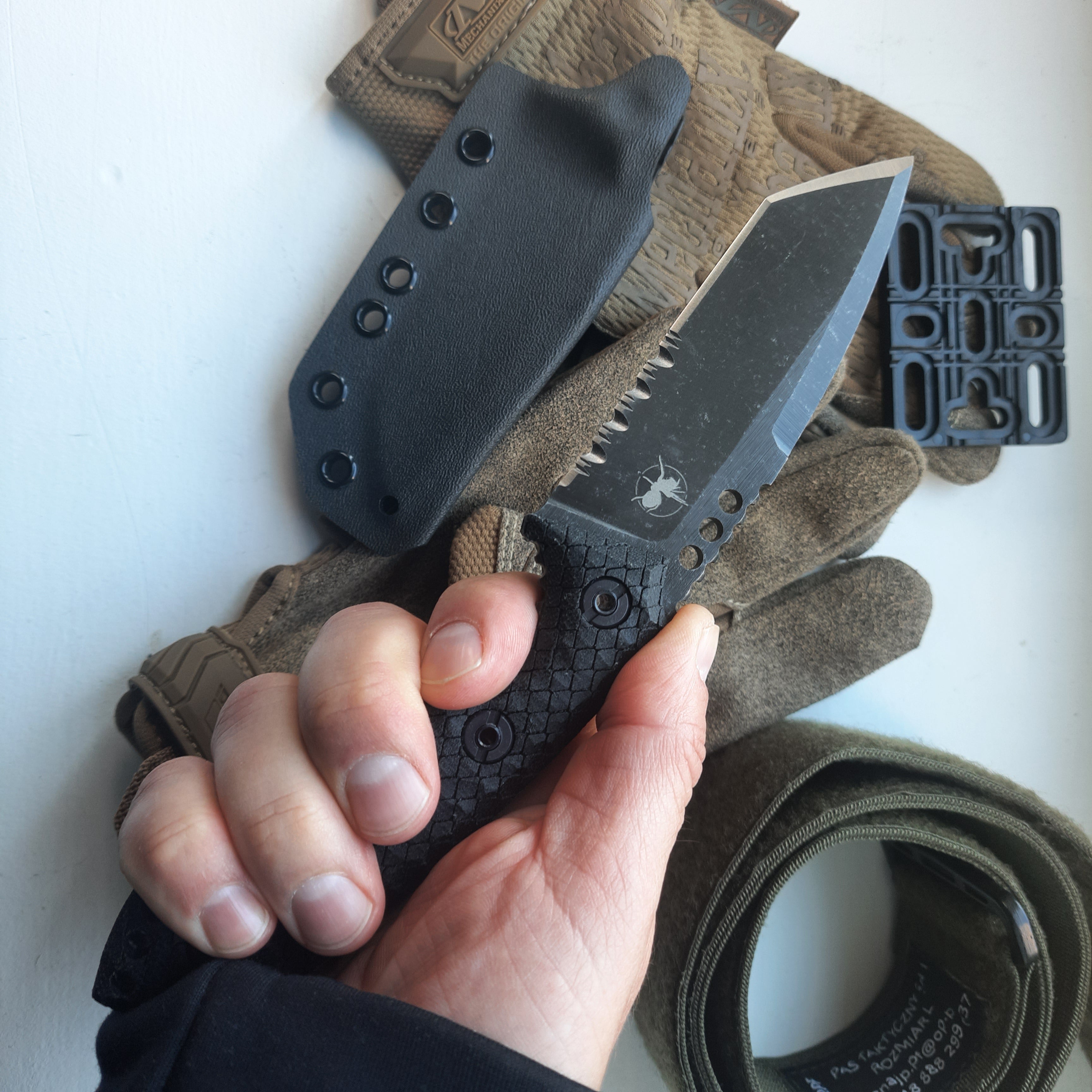 Atrax BOA Stonewashed Tactical Knife with Black Canvas Micarta handle and Gunmetal Grey Kydex