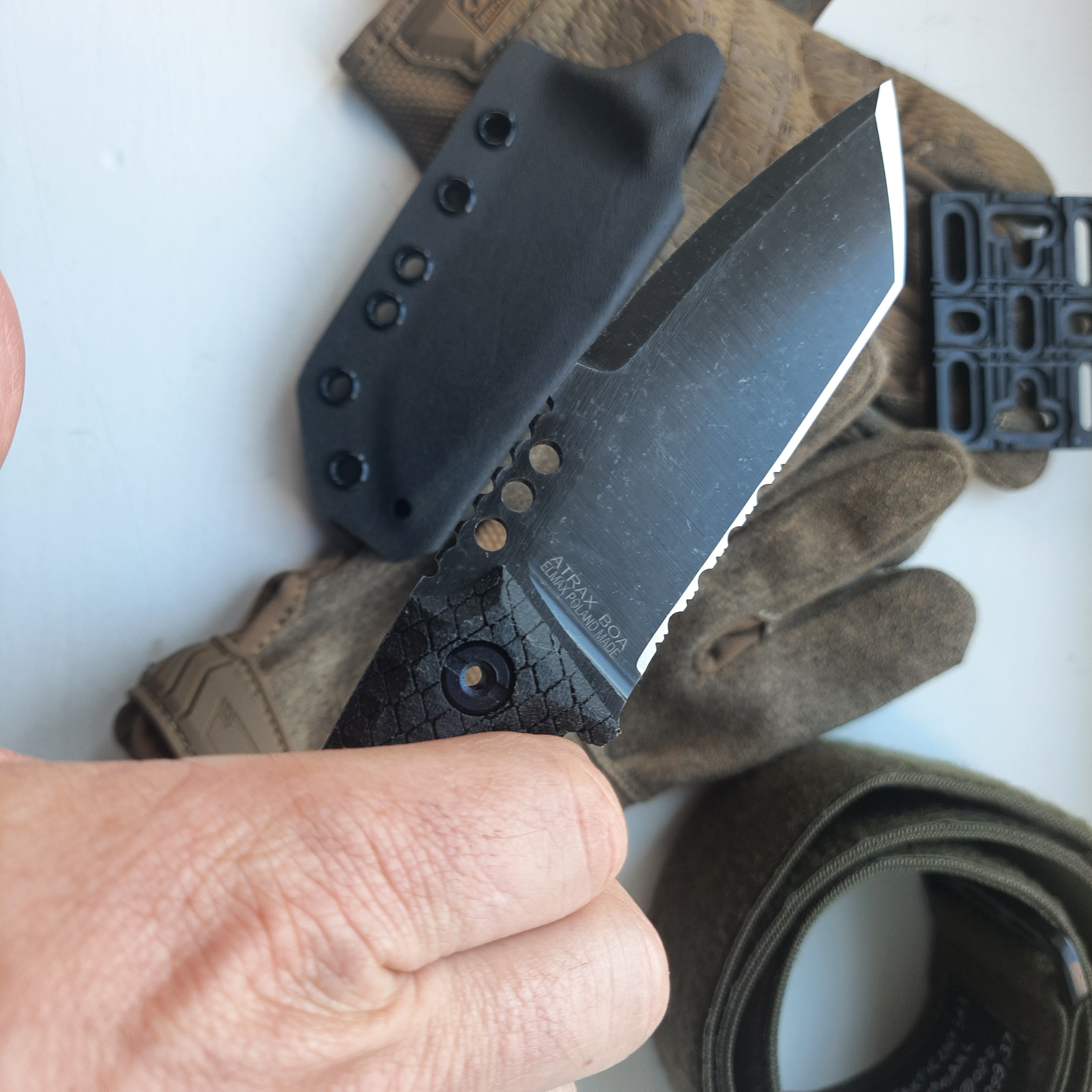 Atrax BOA Stonewashed Tactical Knife with Black Canvas Micarta handle and Gunmetal Grey Kydex