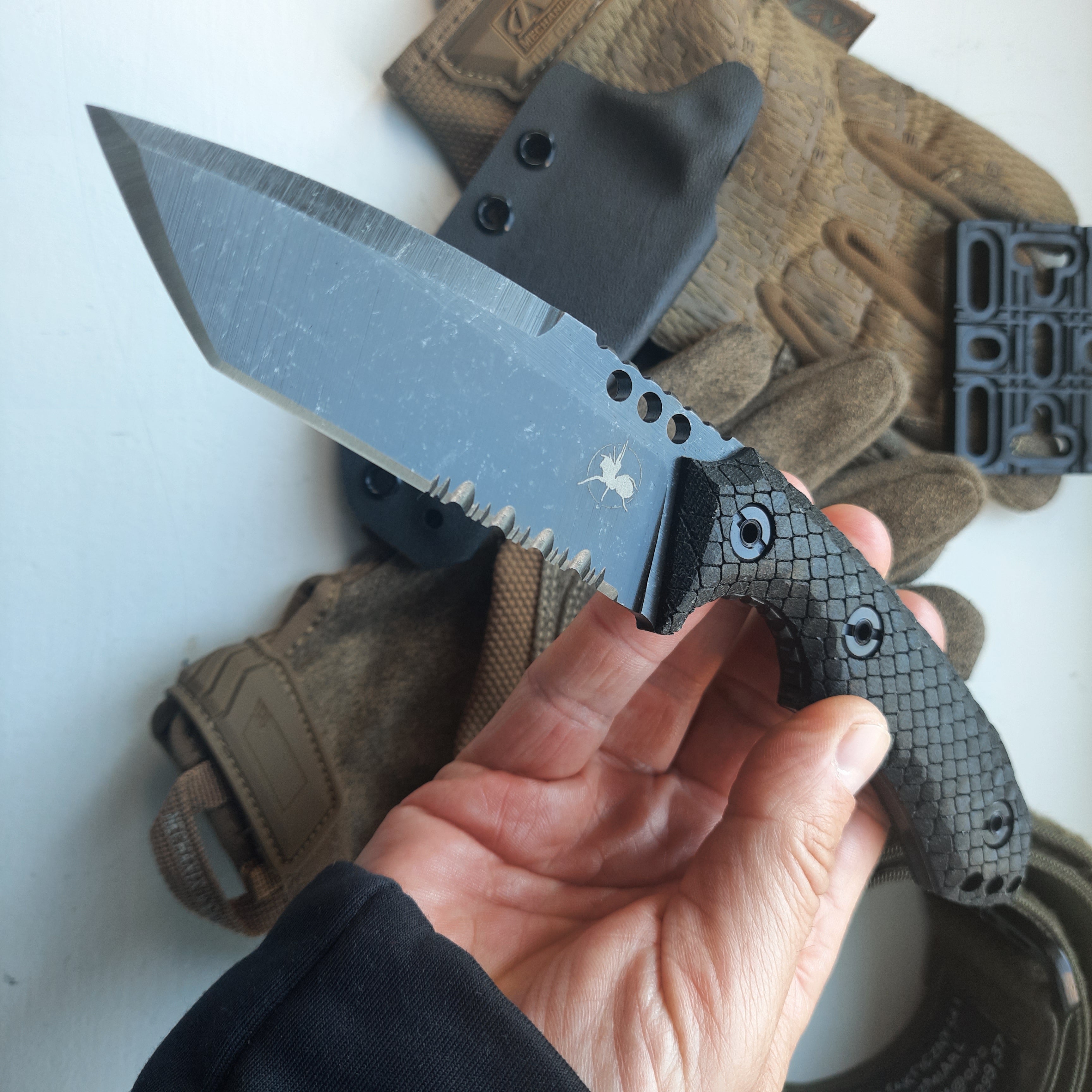 Atrax BOA Stonewashed Tactical Knife with Black Canvas Micarta handle and Gunmetal Grey Kydex