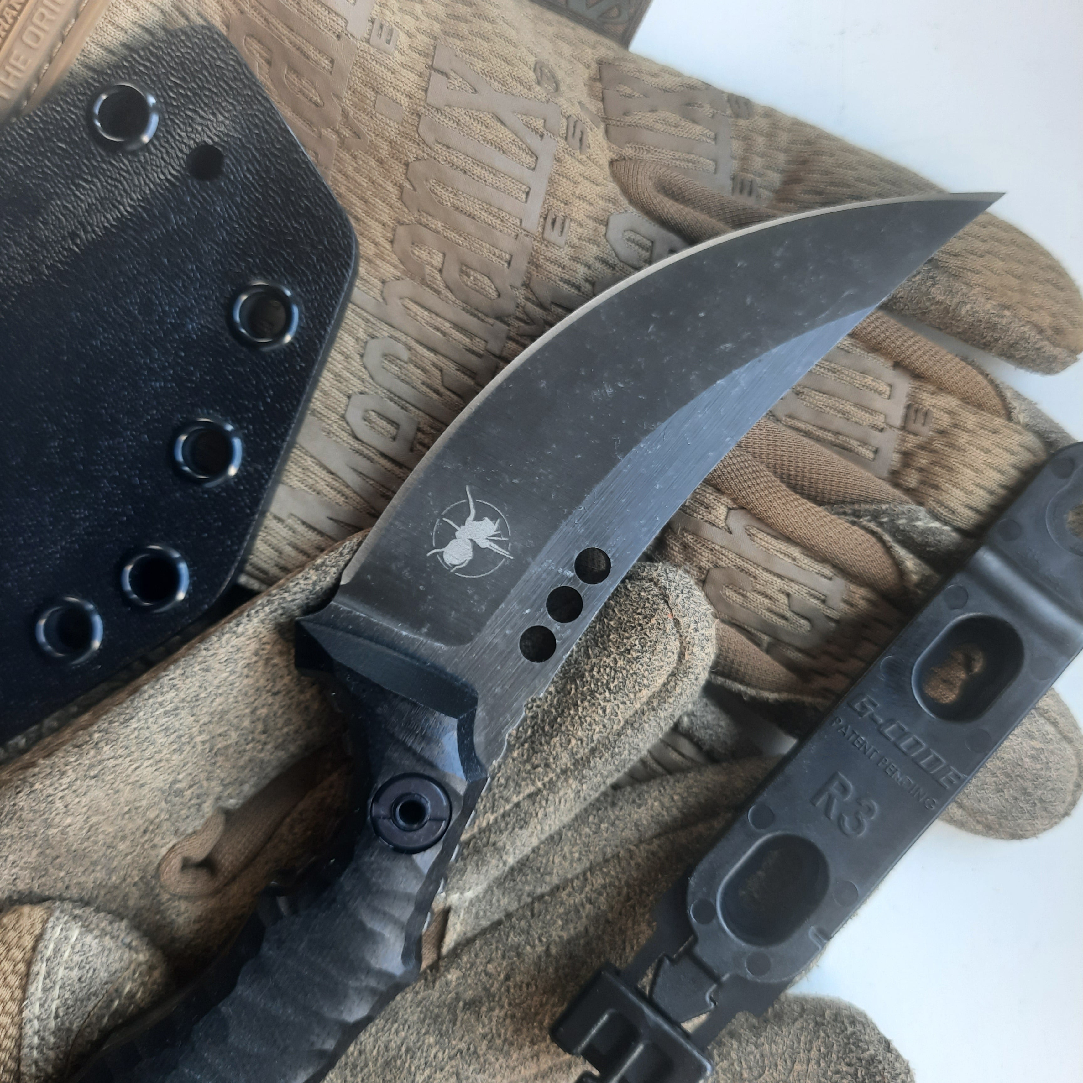 Atrax PLAGUE Stonewashed Tactical Ring Knife with Black G10 Handle and black kydex