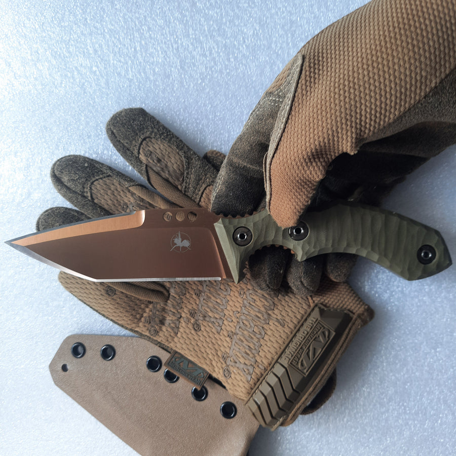ATRAX ROGUE — brązowa powłoka PVD, G10 OD Green, oliwkowy Kydex Taco