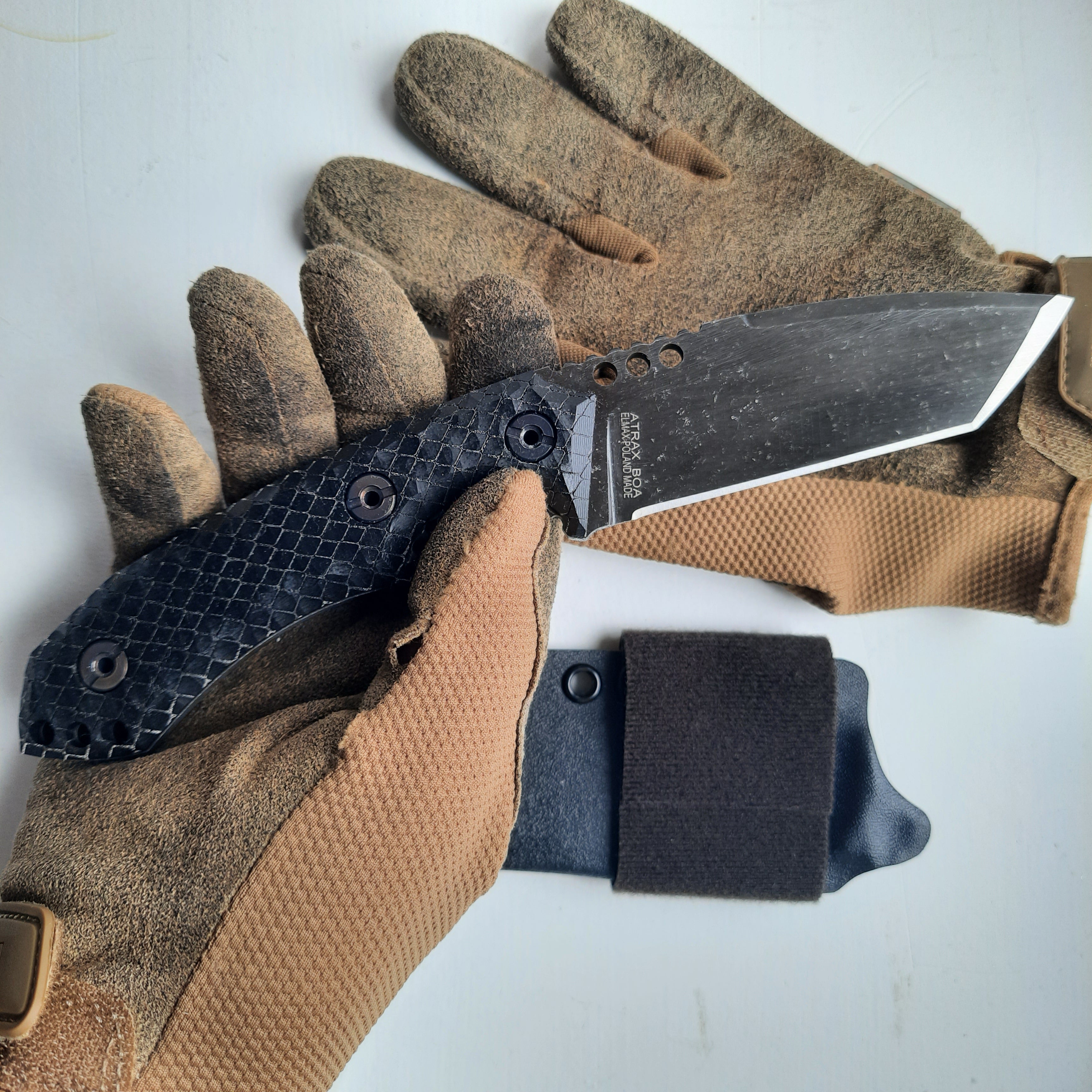 Atrax BOA Stonewashed Tactical Knife with Black Canvas Micarta handle and Gunmetal Grey Kydex