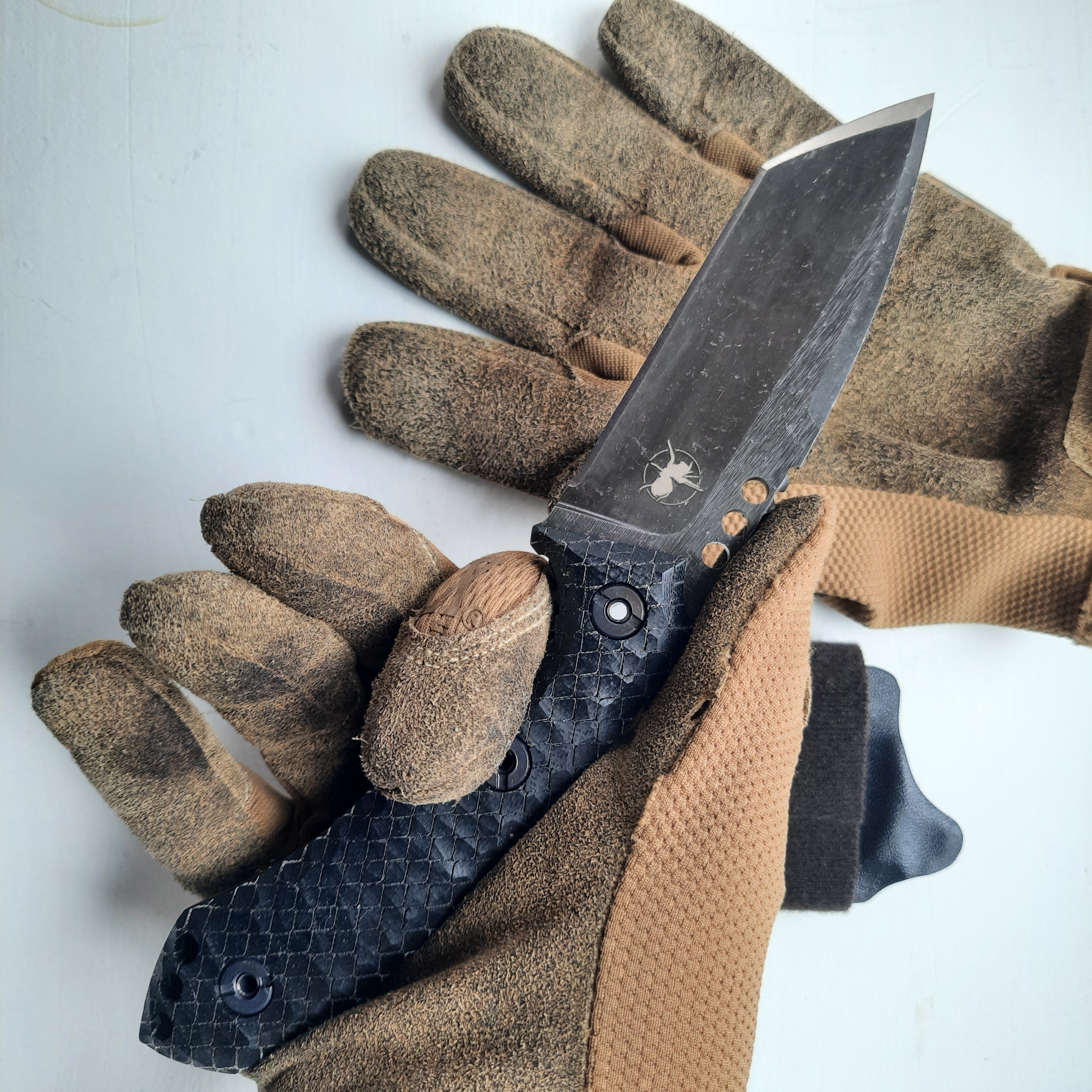 Atrax BOA Stonewashed Tactical Knife with Black Canvas Micarta handle and Gunmetal Grey Kydex