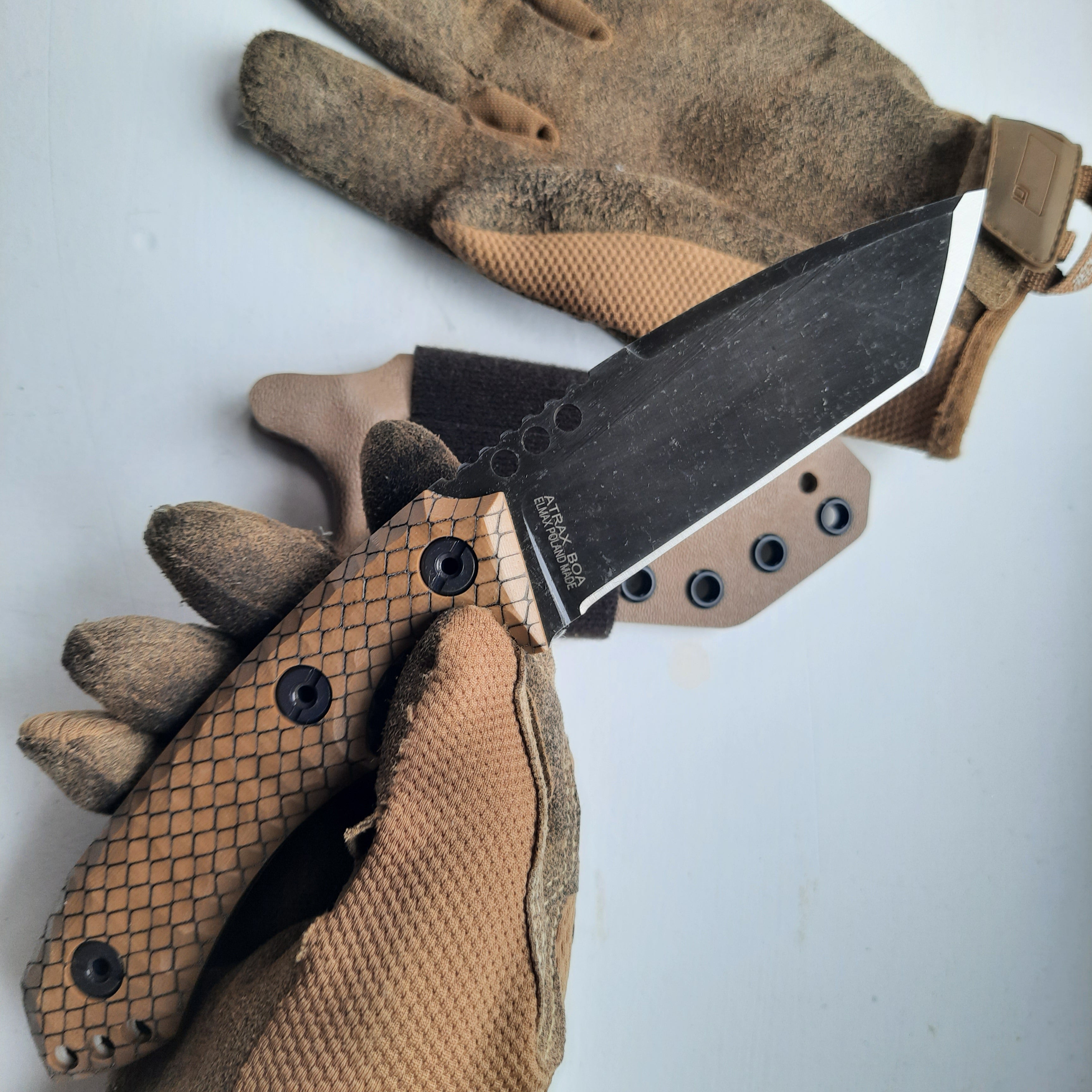 Atrax BOA Tactical Knife Stonewashed with Brown G10 Handle