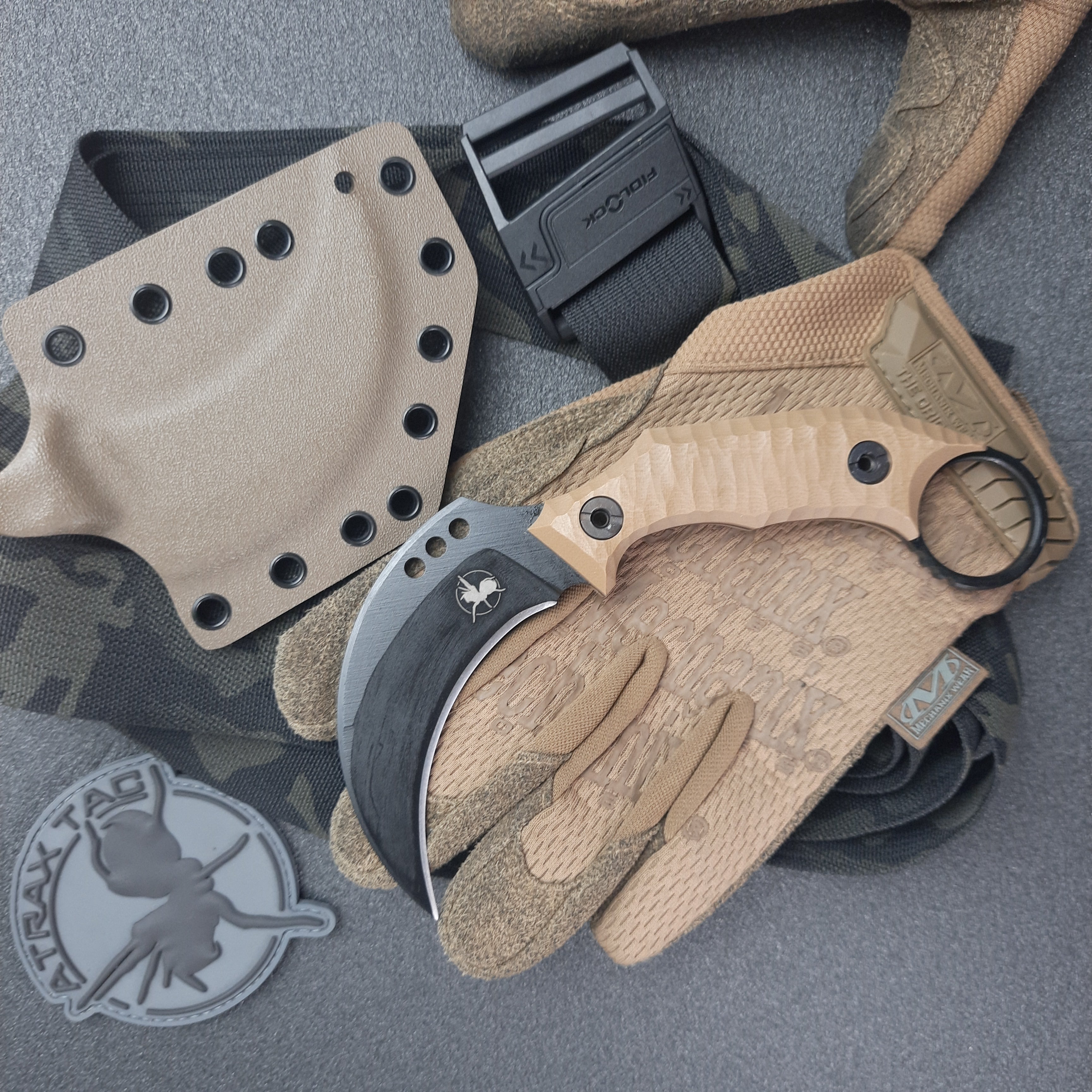 Atrax Cuss Karambit Knife with Brown G10 Handle & Armor Black Cerakote