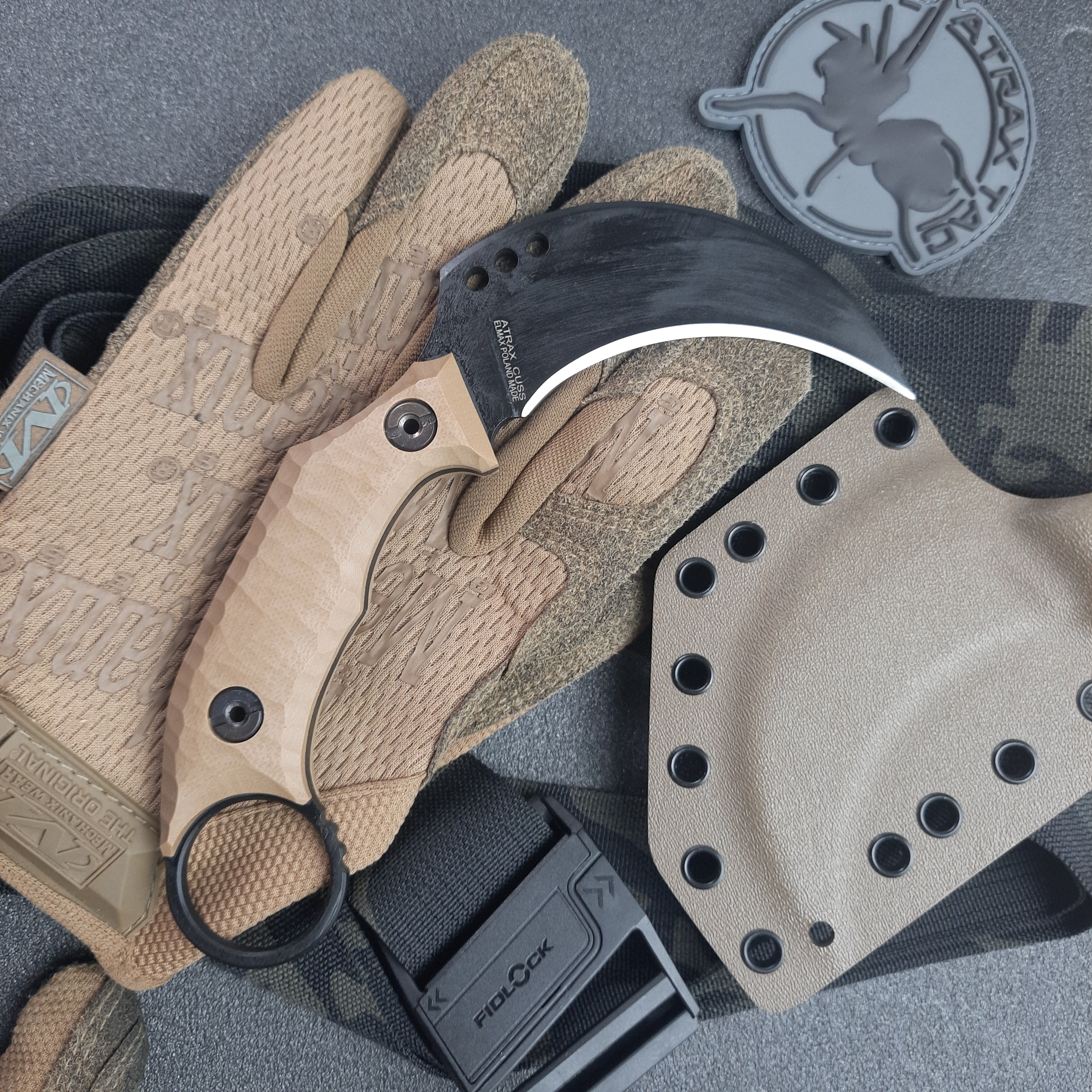 Atrax Cuss Karambit Knife with Brown G10 Handle & Armor Black Cerakote