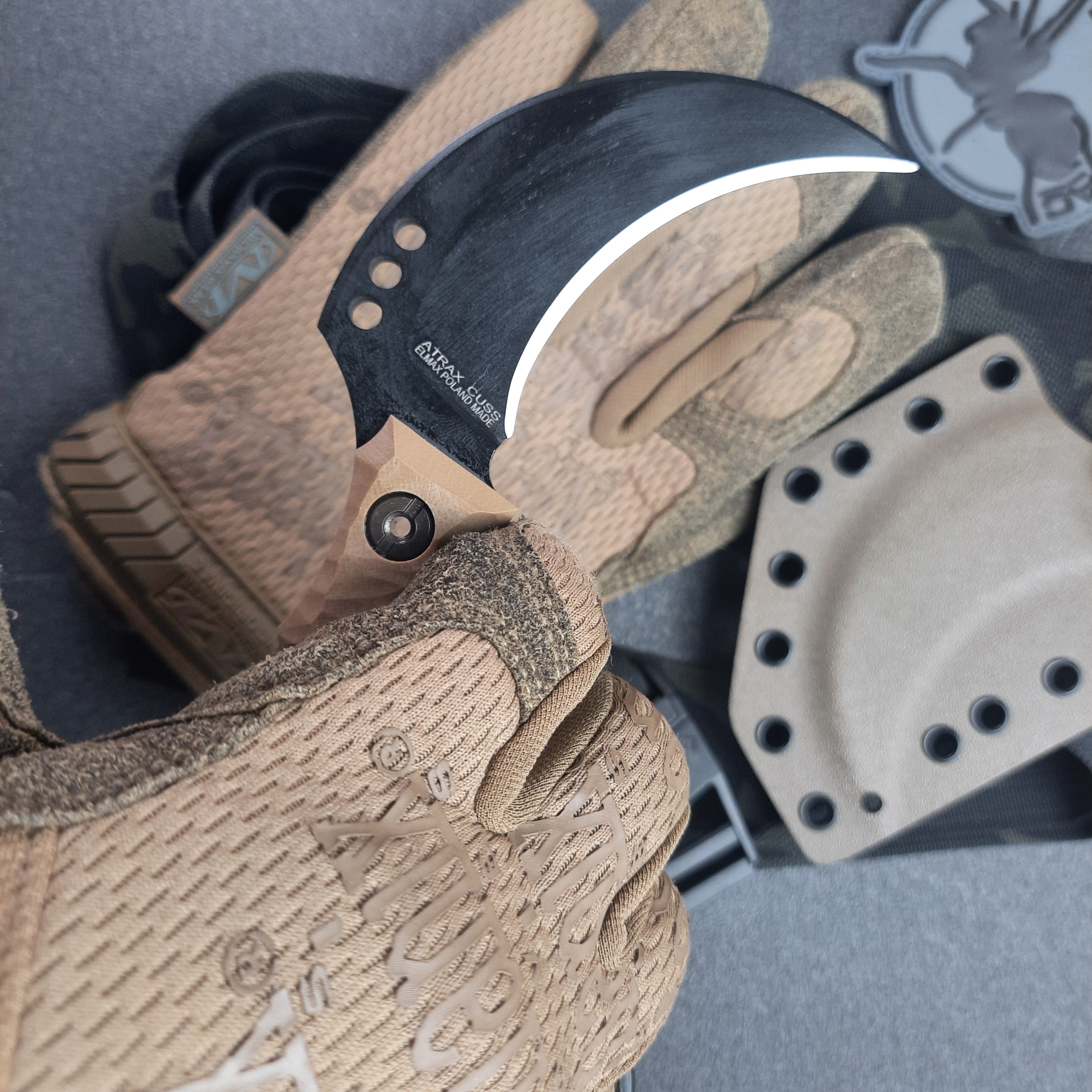 Atrax Cuss Karambit Knife with Brown G10 Handle & Armor Black Cerakote