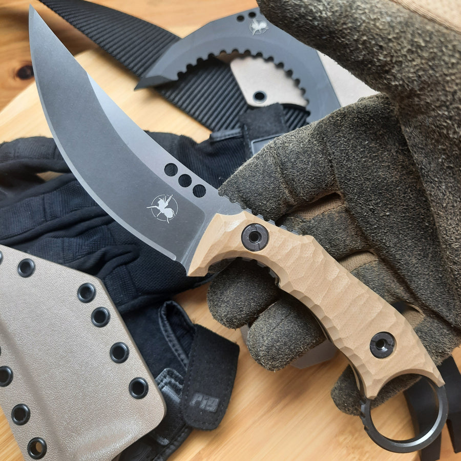 ATRAX PLAGUE — nóż z pierścieniem, powłoka z węglika wolframu, brązowe G10, Kydex FDE
