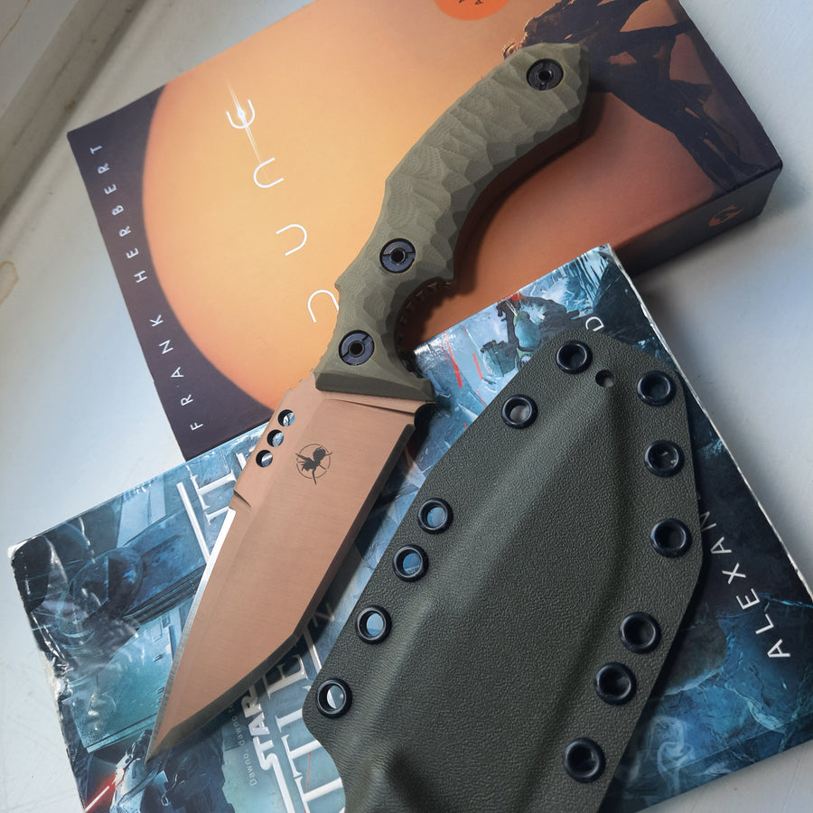 ATRAX ROGUE — brązowa powłoka PVD, G10 OD Green, oliwkowy Kydex Pancake