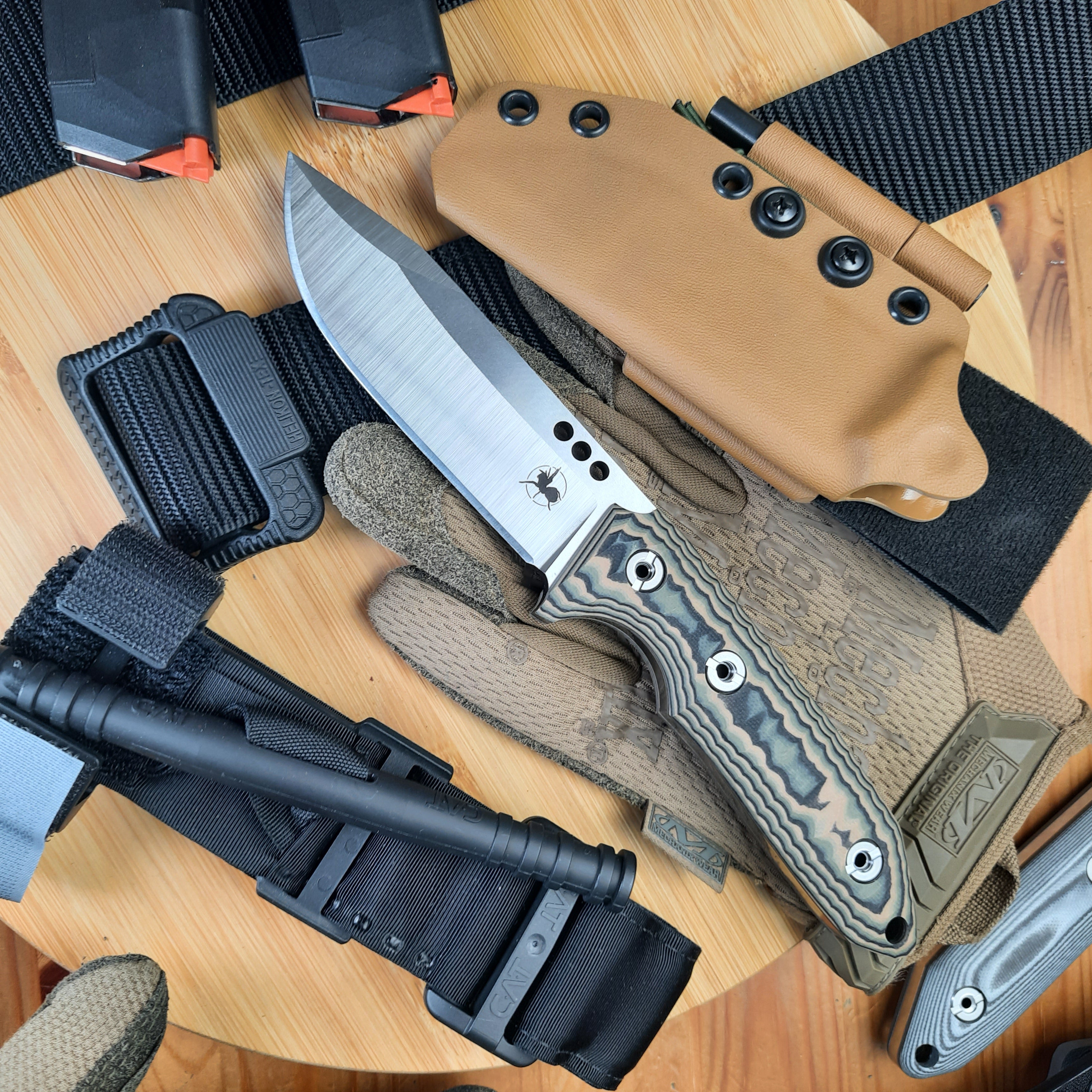 Atrax WASP Silver Satin Survival Knife with Black/Brown/Olive G10 handle and Desert Fox Kydex