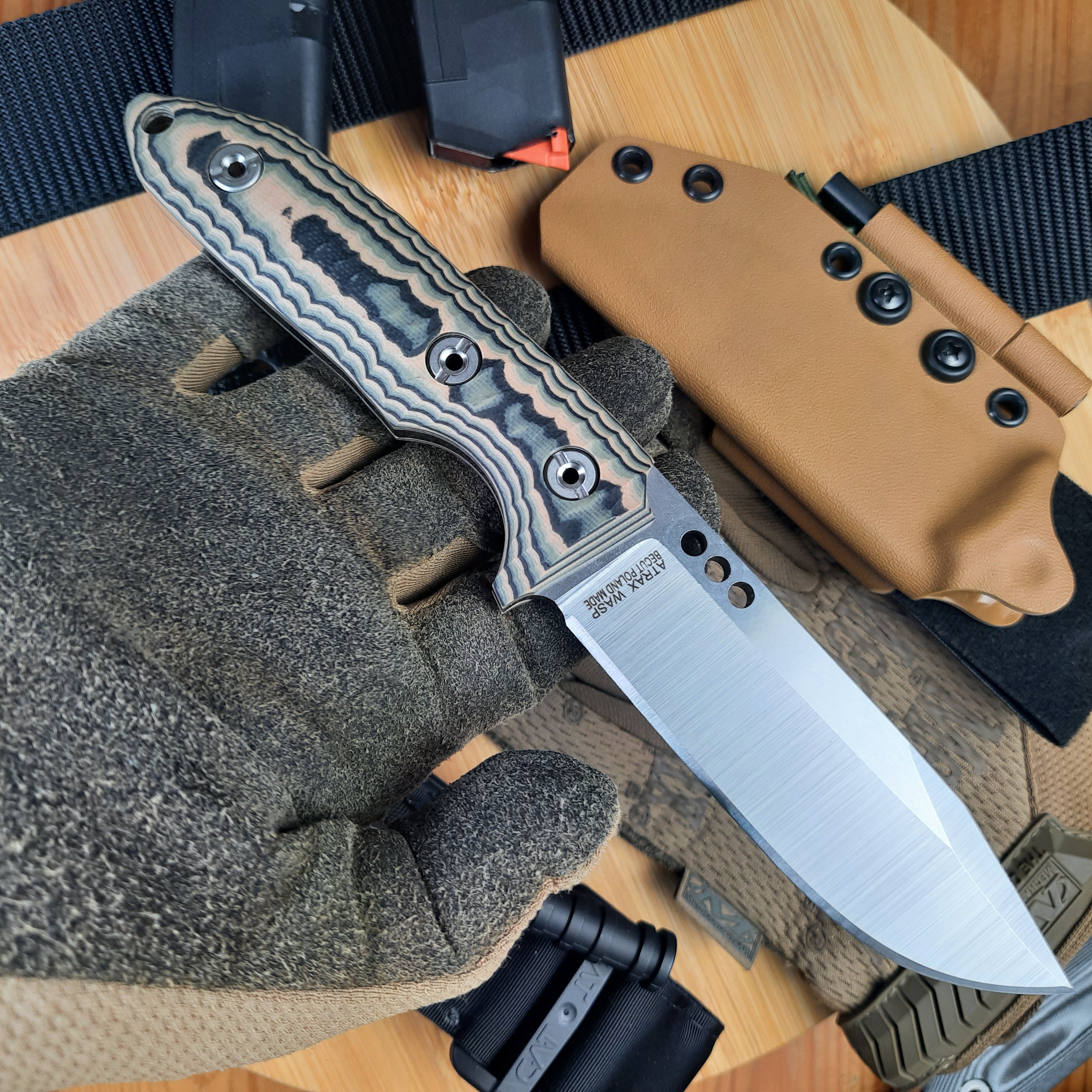 Atrax WASP Silver Satin Survival Knife with Black/Brown/Olive G10 handle and Desert Fox Kydex