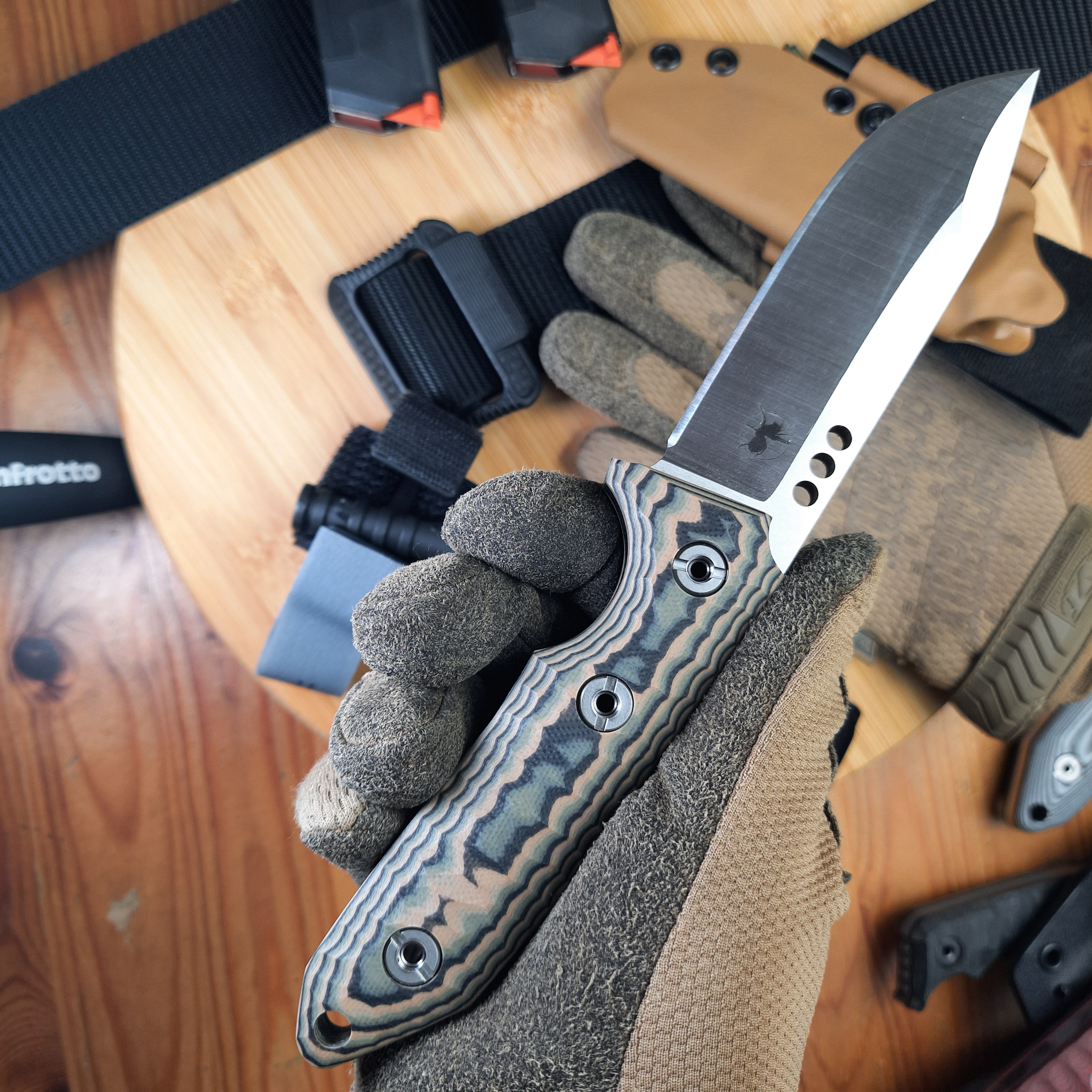 Atrax WASP Silver Satin Survival Knife with Black/Brown/Olive G10 handle and Desert Fox Kydex