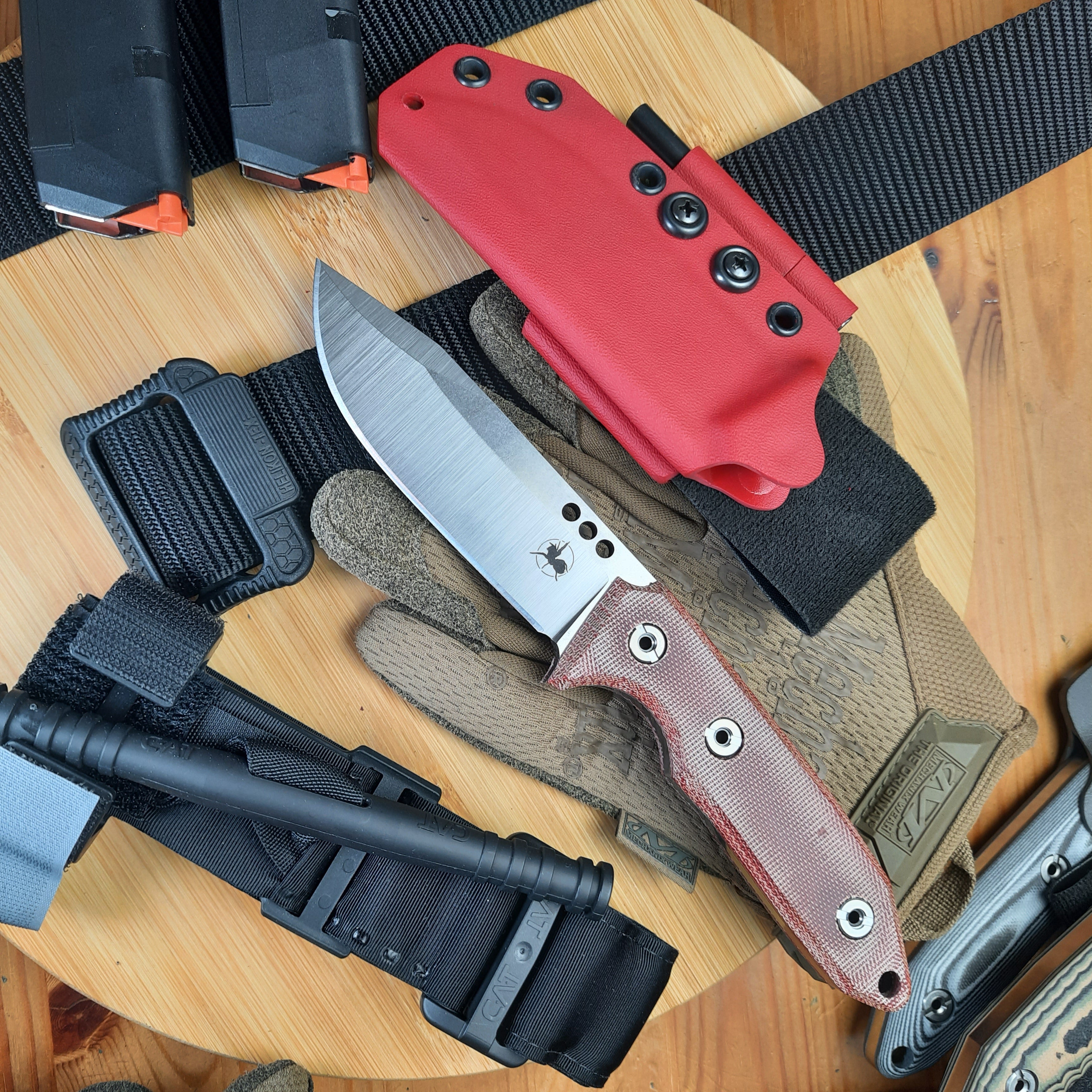Atrax WASP Silver Satin Survival Knife with Red Canvas Micarta handle and Red Kydex