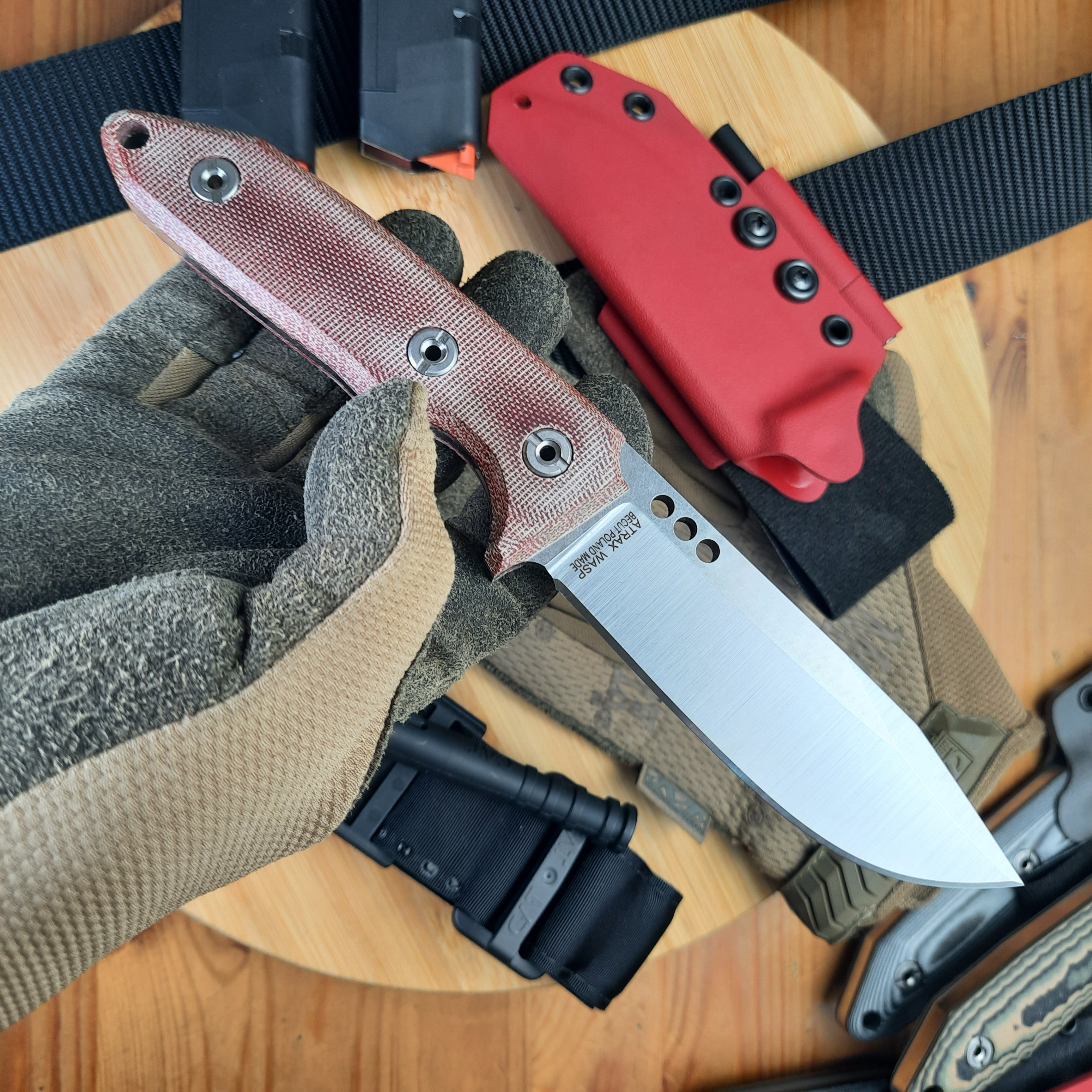 Atrax WASP Silver Satin Survival Knife with Red Canvas Micarta handle and Red Kydex