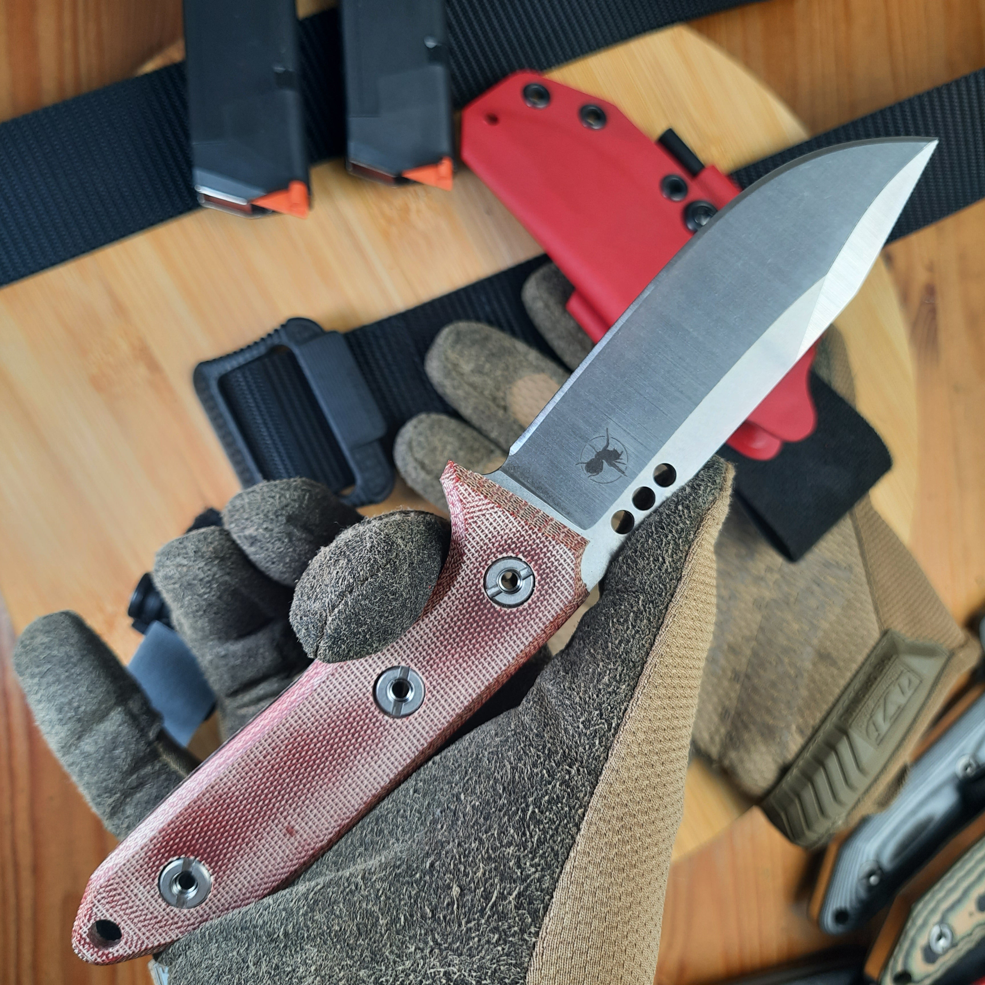 Atrax WASP Silver Satin Survival Knife with Red Canvas Micarta handle and Red Kydex