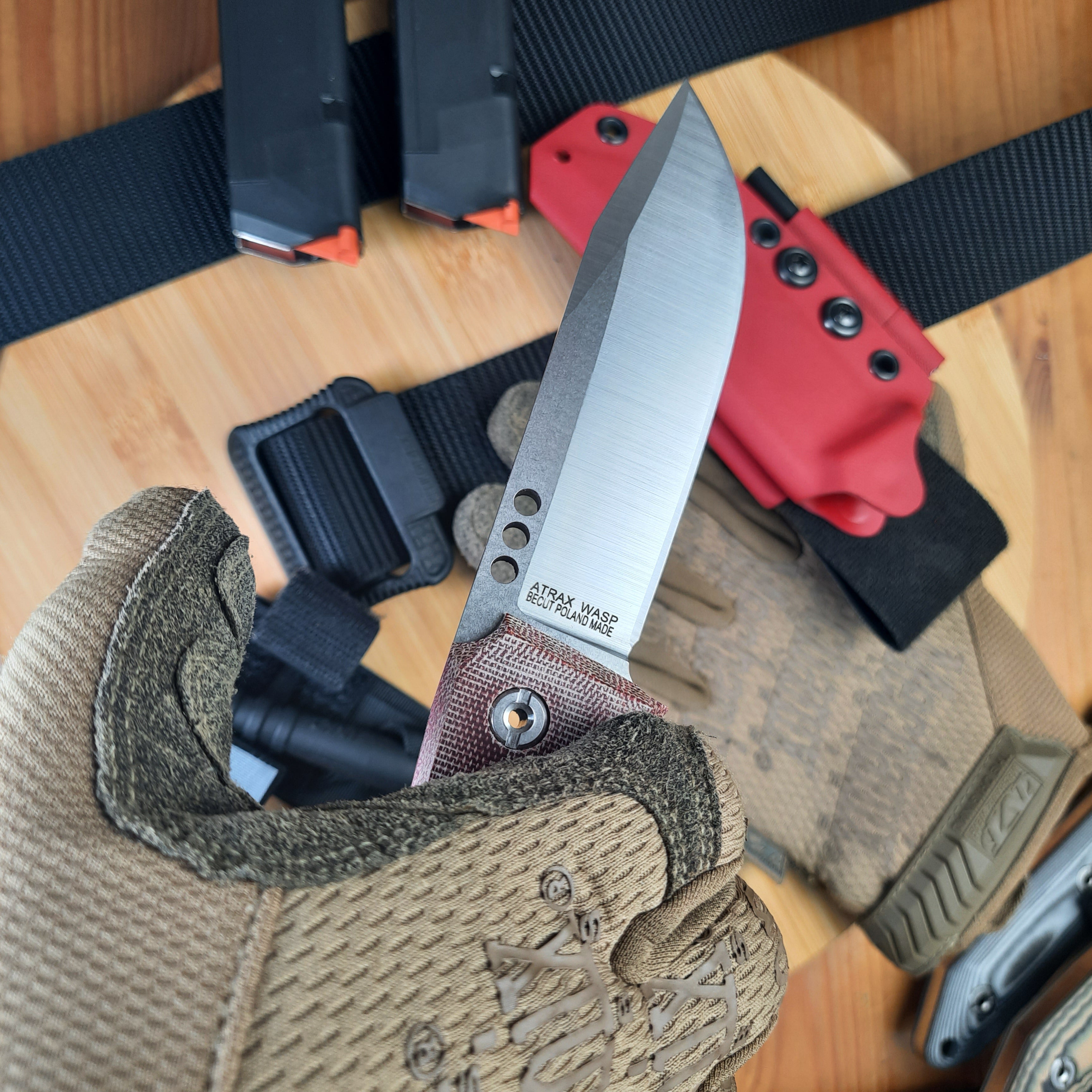 Atrax WASP Silver Satin Survival Knife with Red Canvas Micarta handle and Red Kydex