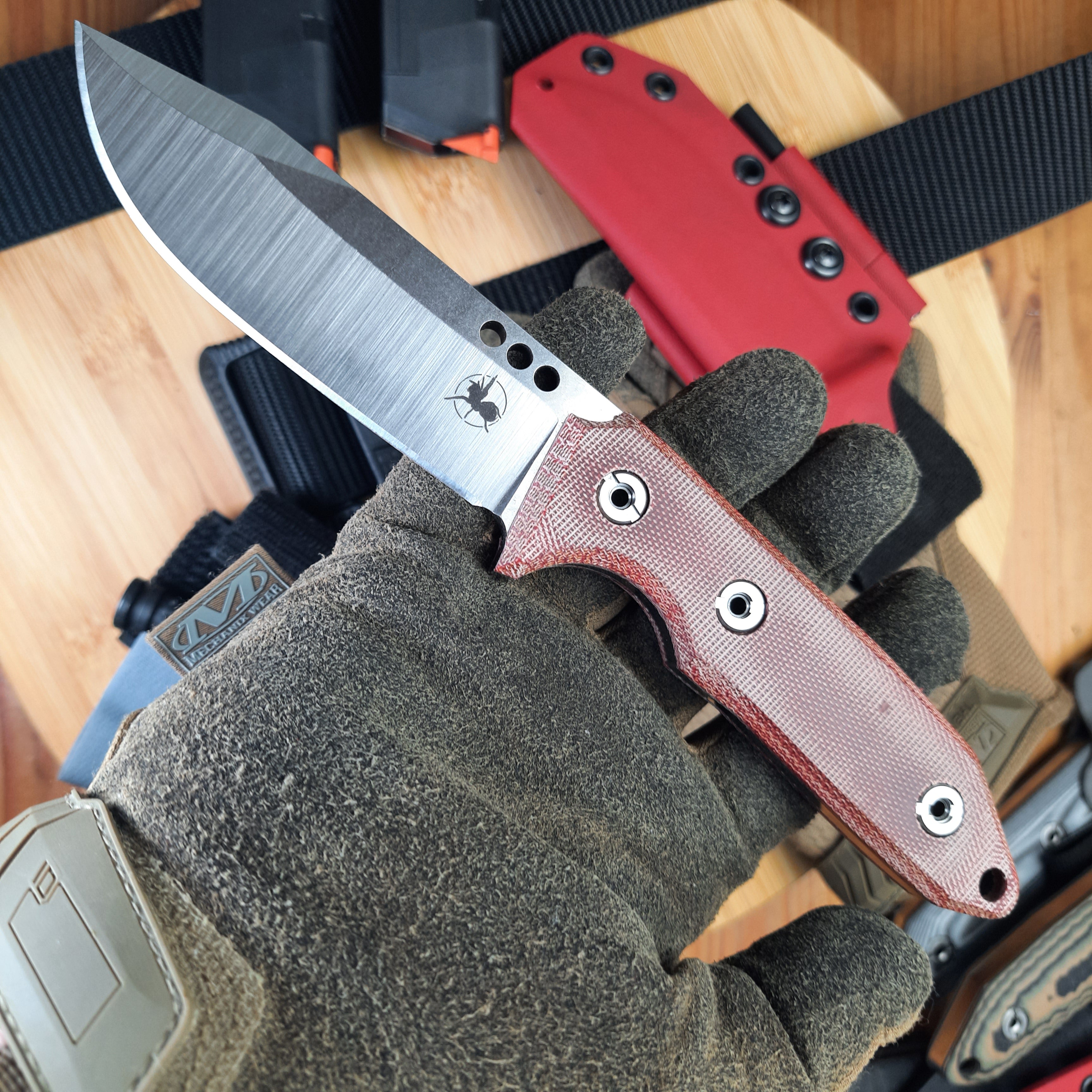 Atrax WASP Silver Satin Survival Knife with Red Canvas Micarta handle and Red Kydex