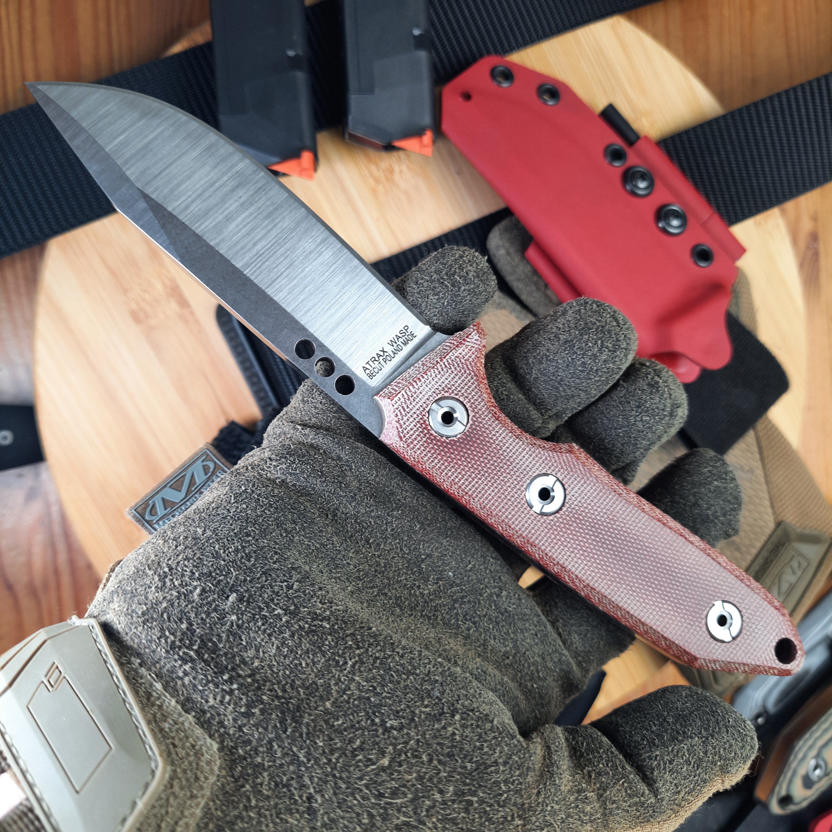 Atrax WASP Silver Satin Survival Knife with Red Canvas Micarta handle and Red Kydex