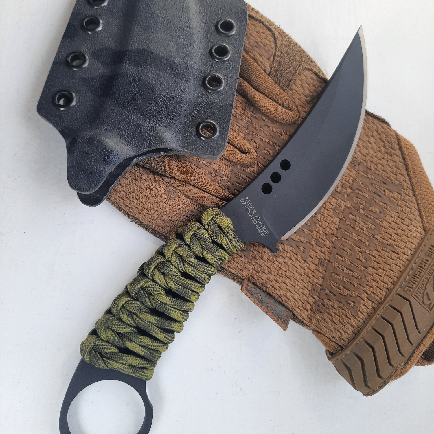 Atrax PLAGUE Tactical Ring Knife with Paracord Handle & Armor BLACK Cerakote