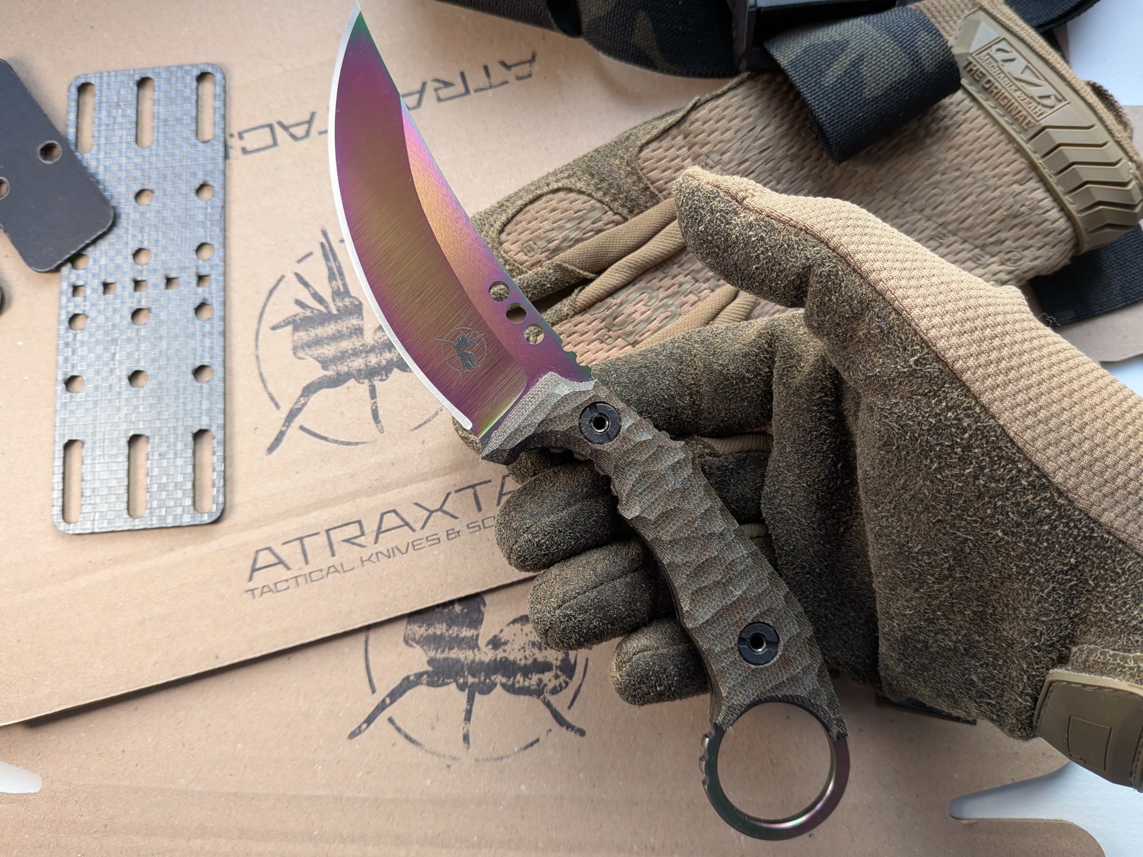 Atrax Plague ARC ta-C coating, green canvas micarta handle and Olive kydex