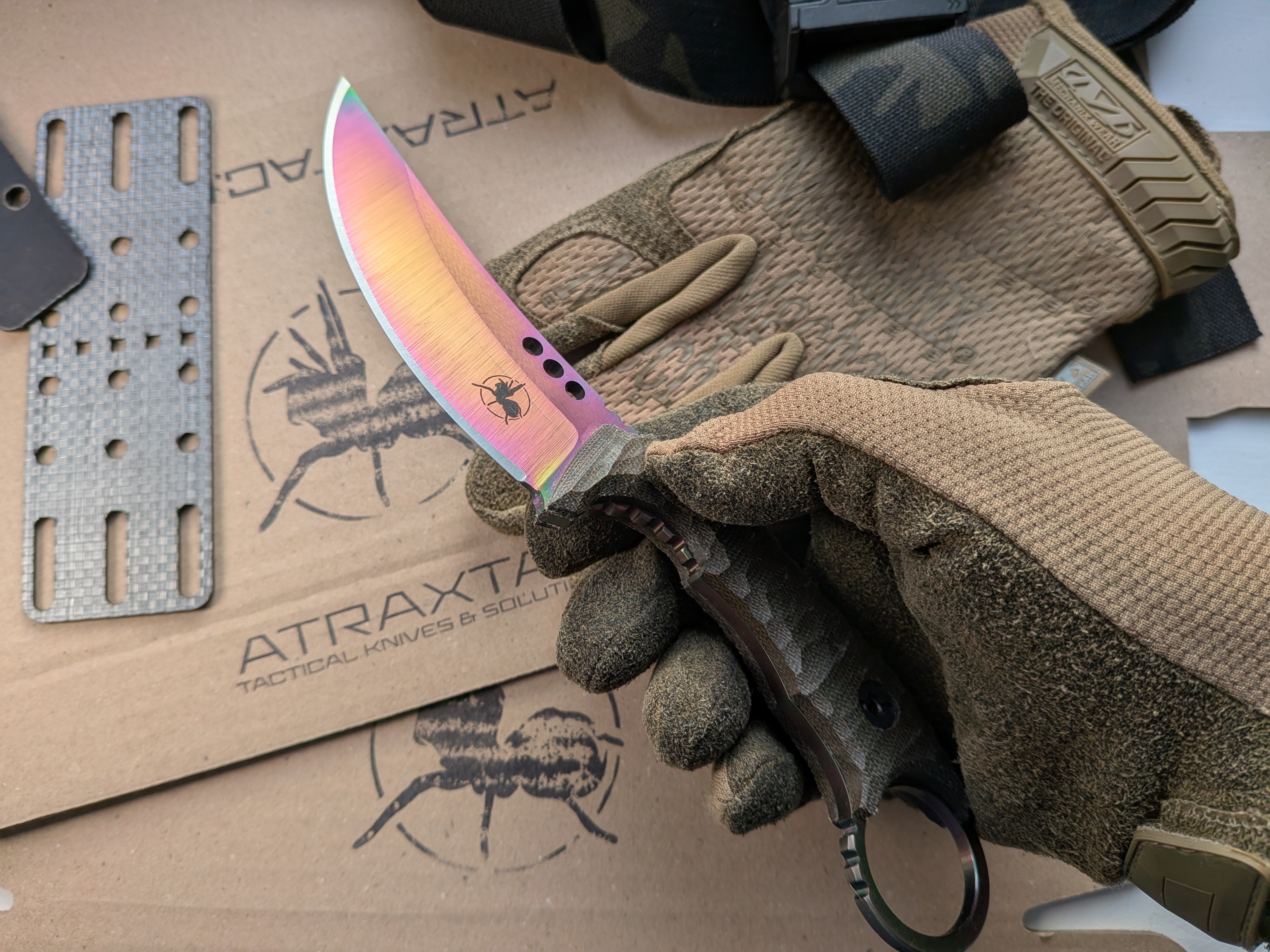 Atrax Plague ARC ta-C coating, green canvas micarta handle and Olive kydex