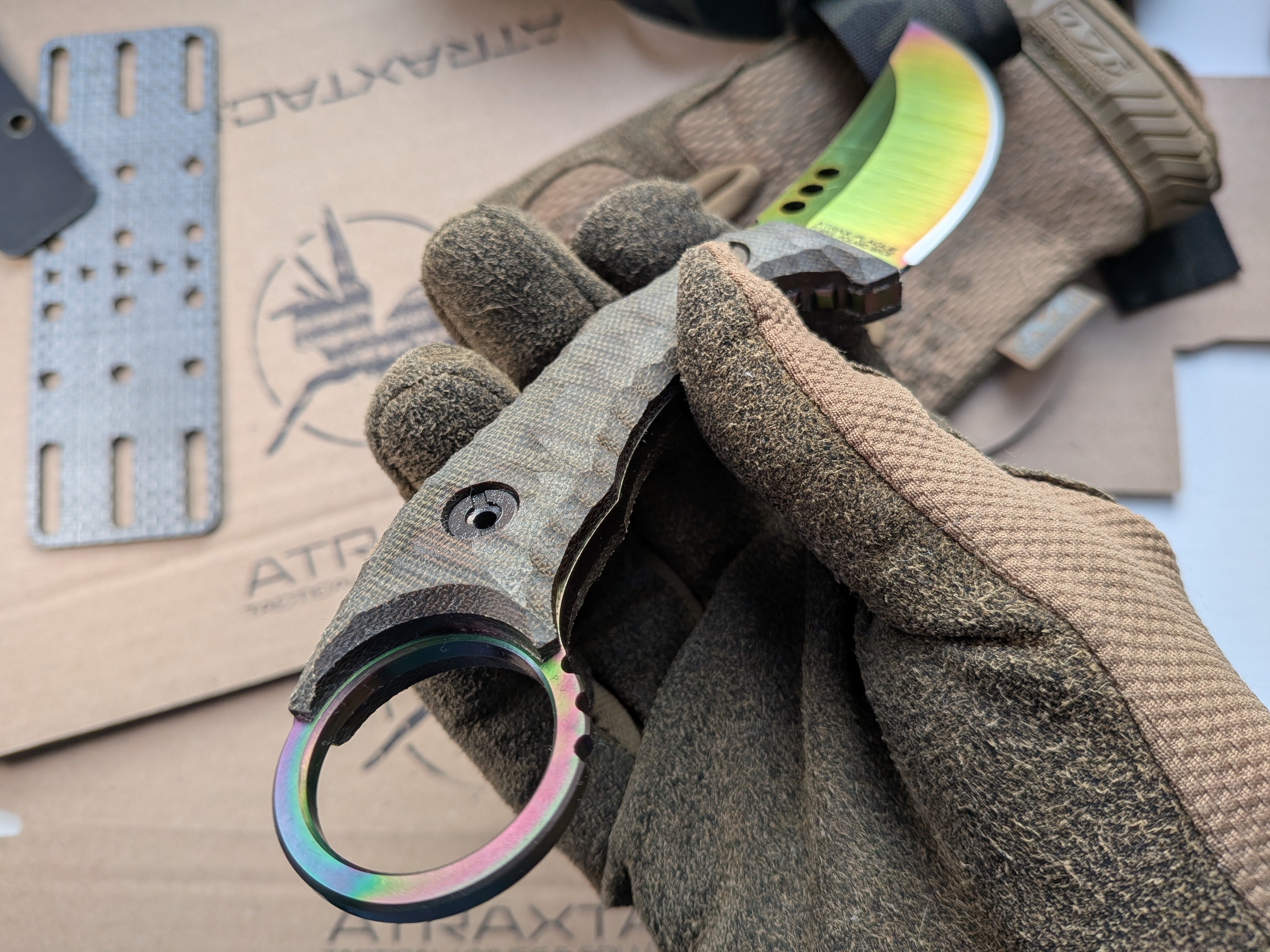 Atrax Plague ARC ta-C coating, green canvas micarta handle and Olive kydex