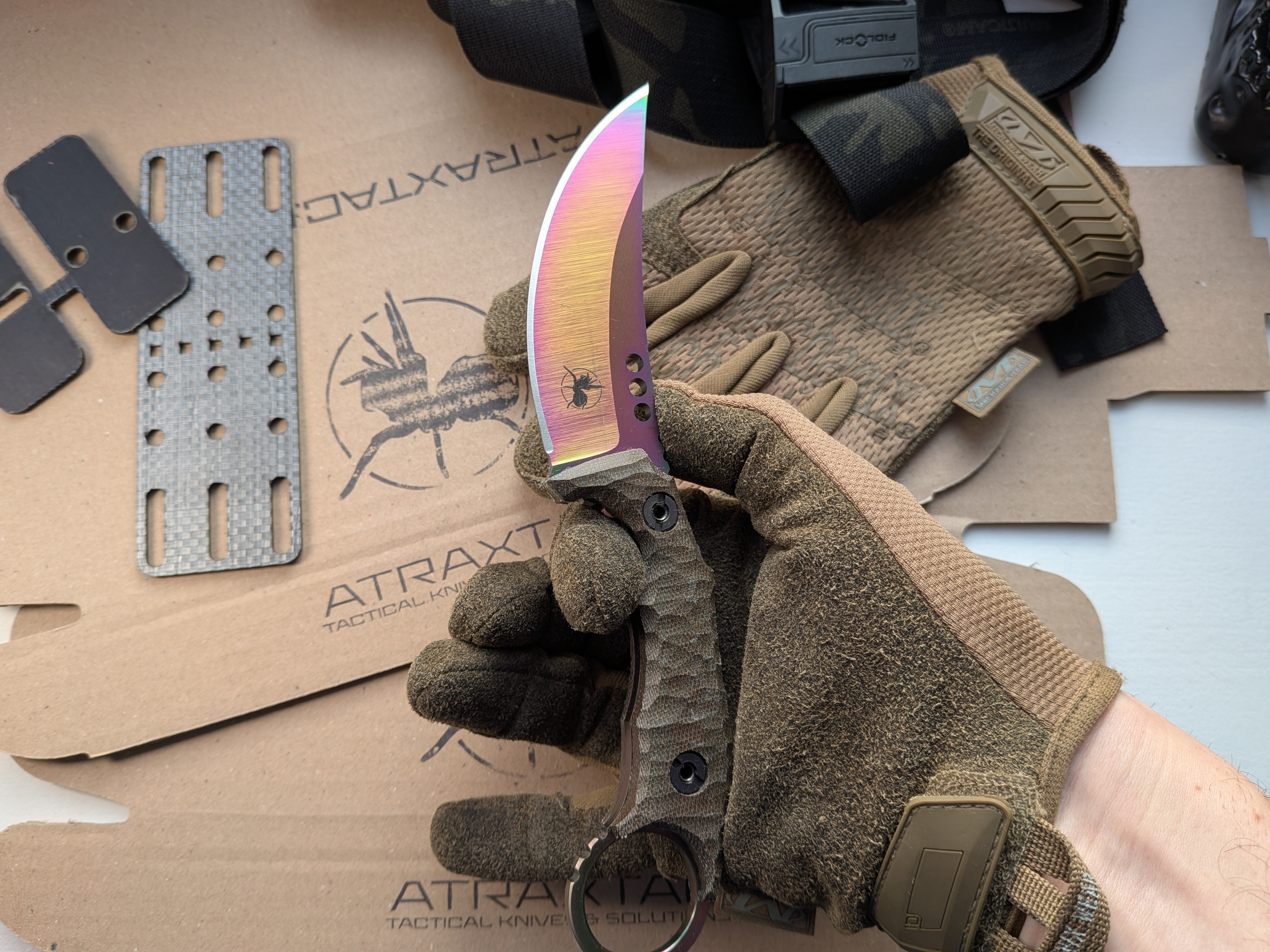 Atrax Plague ARC ta-C coating, green canvas micarta handle and Olive kydex