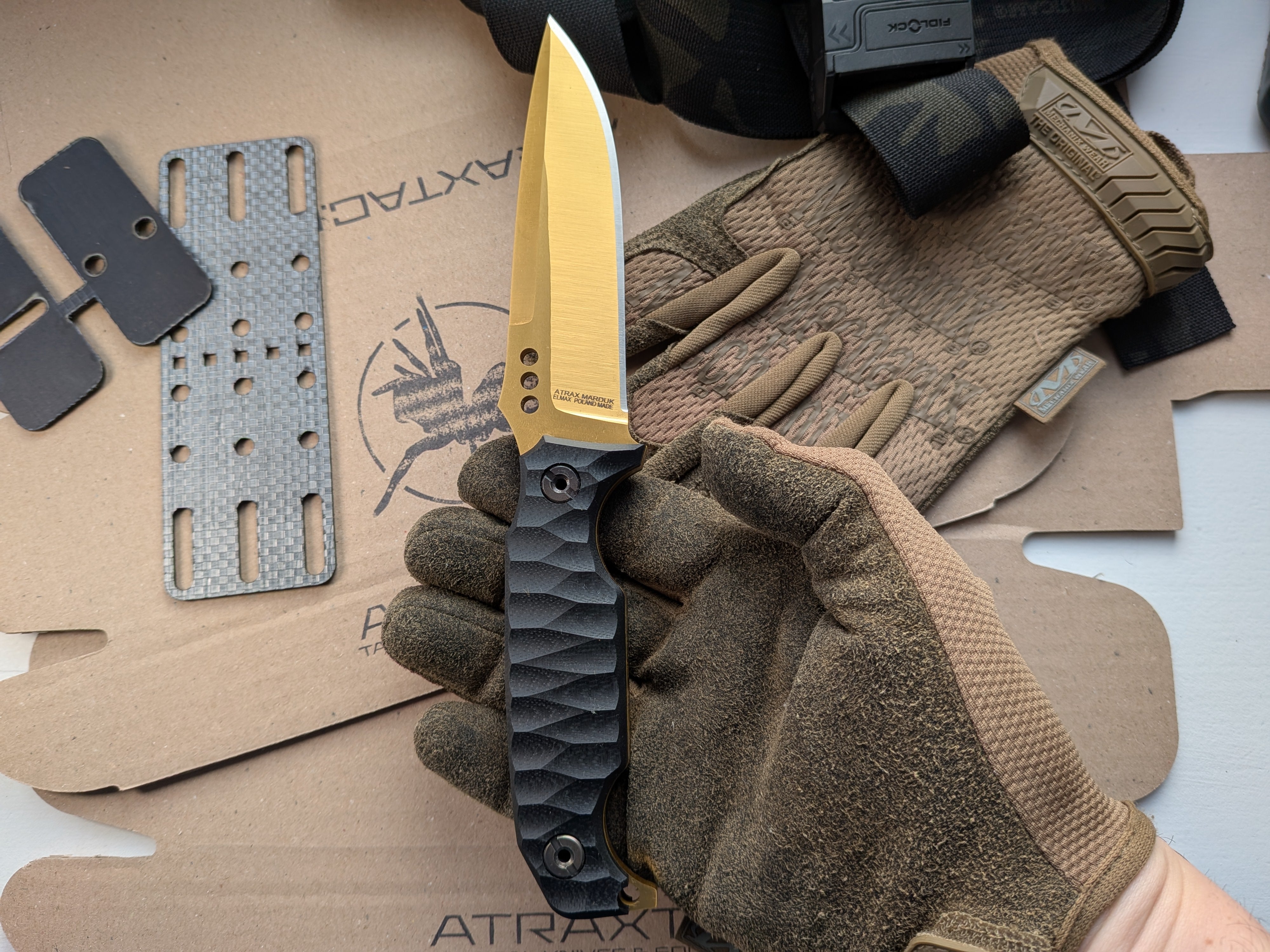 Atrax MARDUK Day Care Knife with Black G10 Handle & gold PVD titanium nitride coating