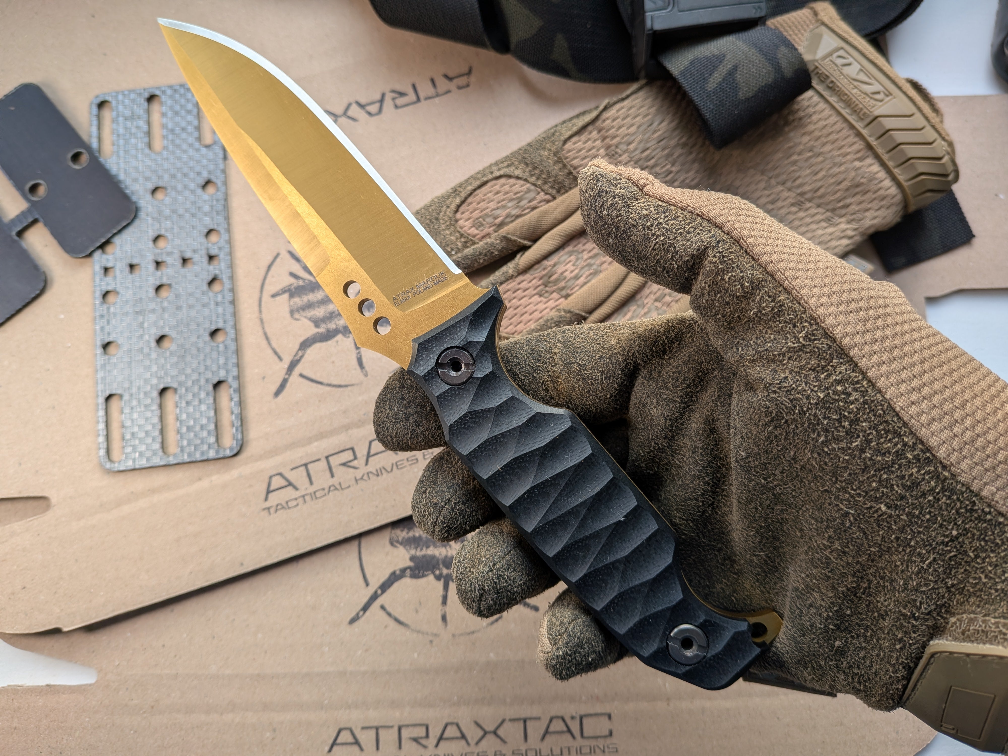 Atrax MARDUK Day Care Knife with Black G10 Handle & gold PVD titanium nitride coating