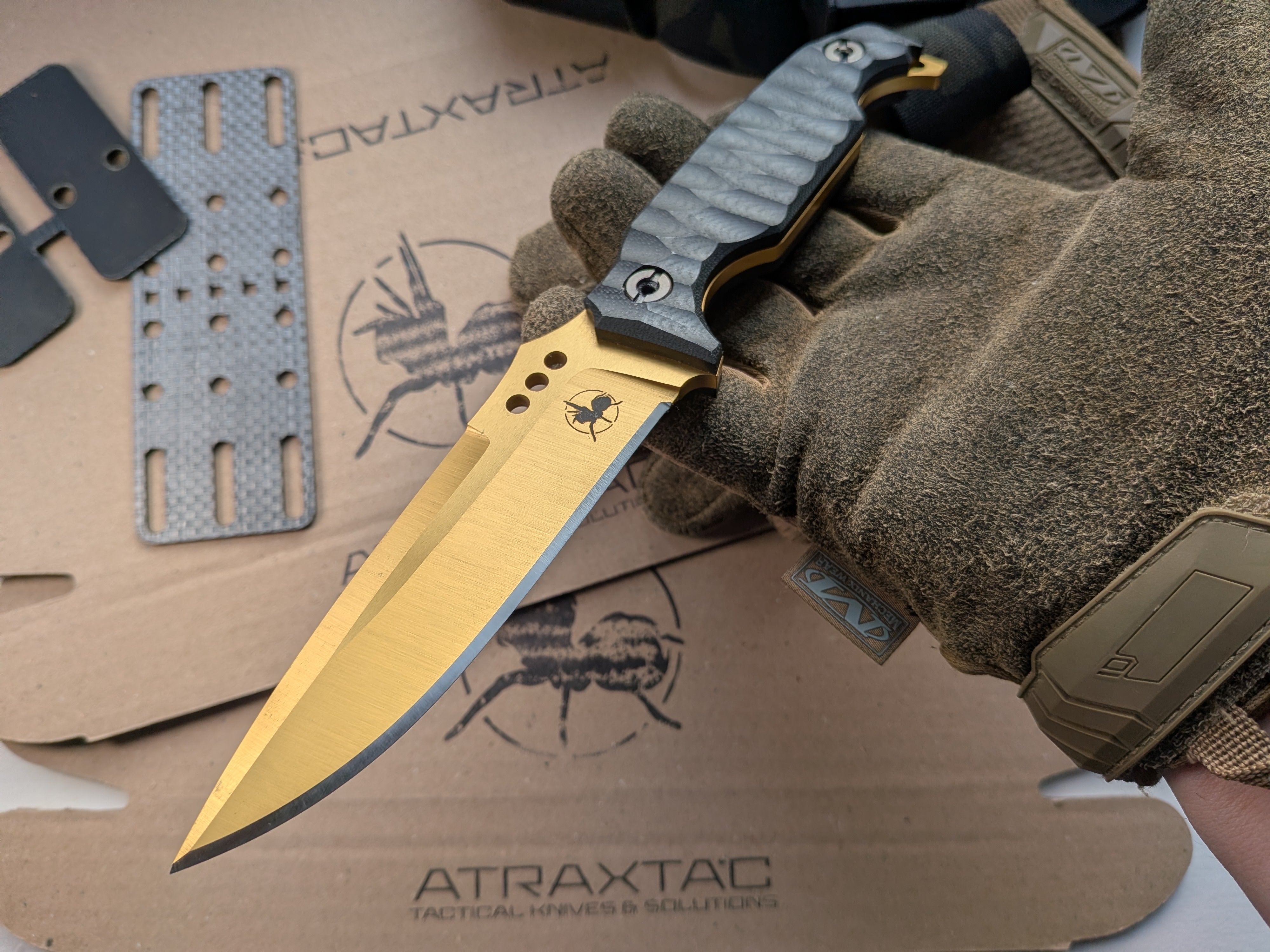Atrax MARDUK Day Care Knife with Black G10 Handle & gold PVD titanium nitride coating