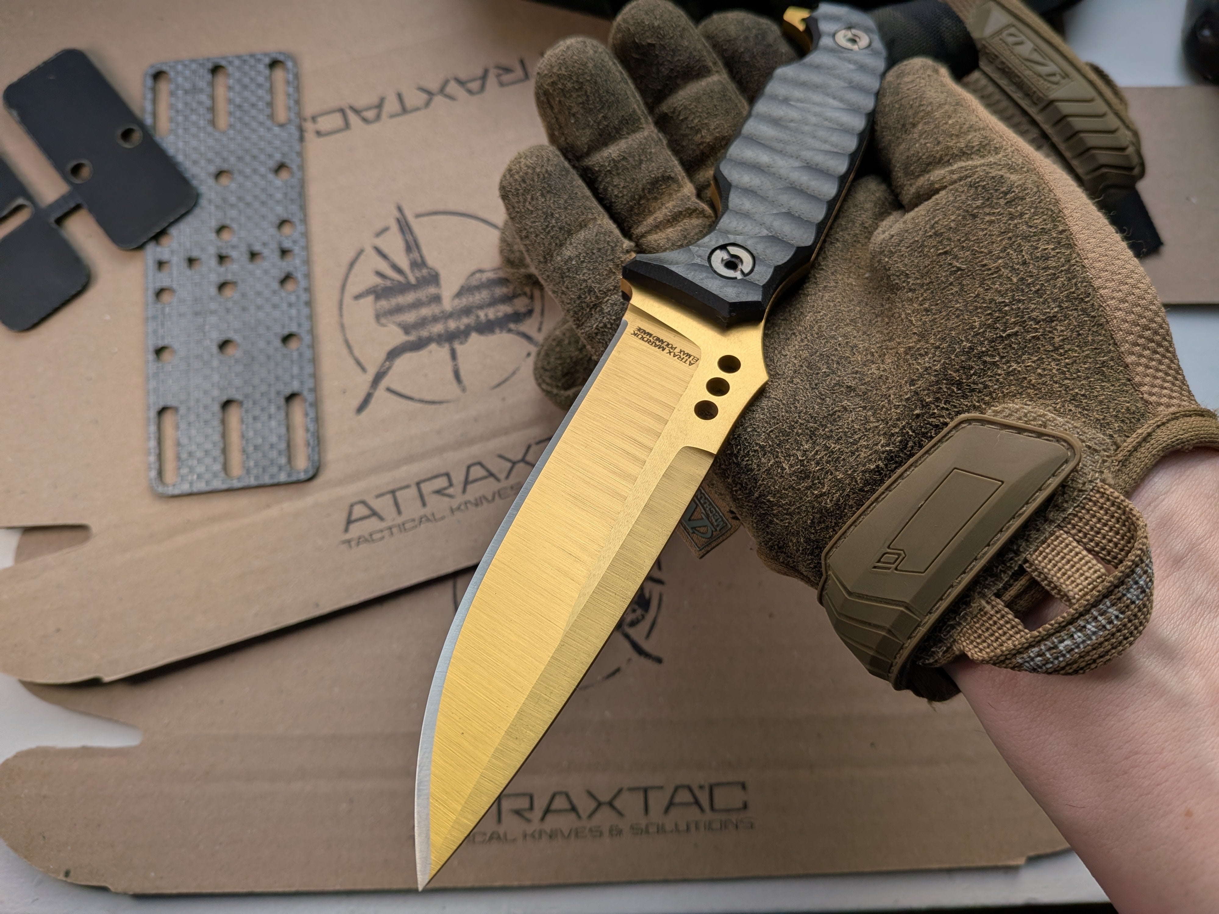 Atrax MARDUK Day Care Knife with Black G10 Handle & gold PVD titanium nitride coating