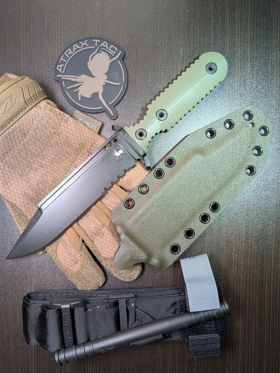 ATRAX GPOINT — nóż taktyczny, Armor Black Cerakote, oliwkowa rękojeść G10