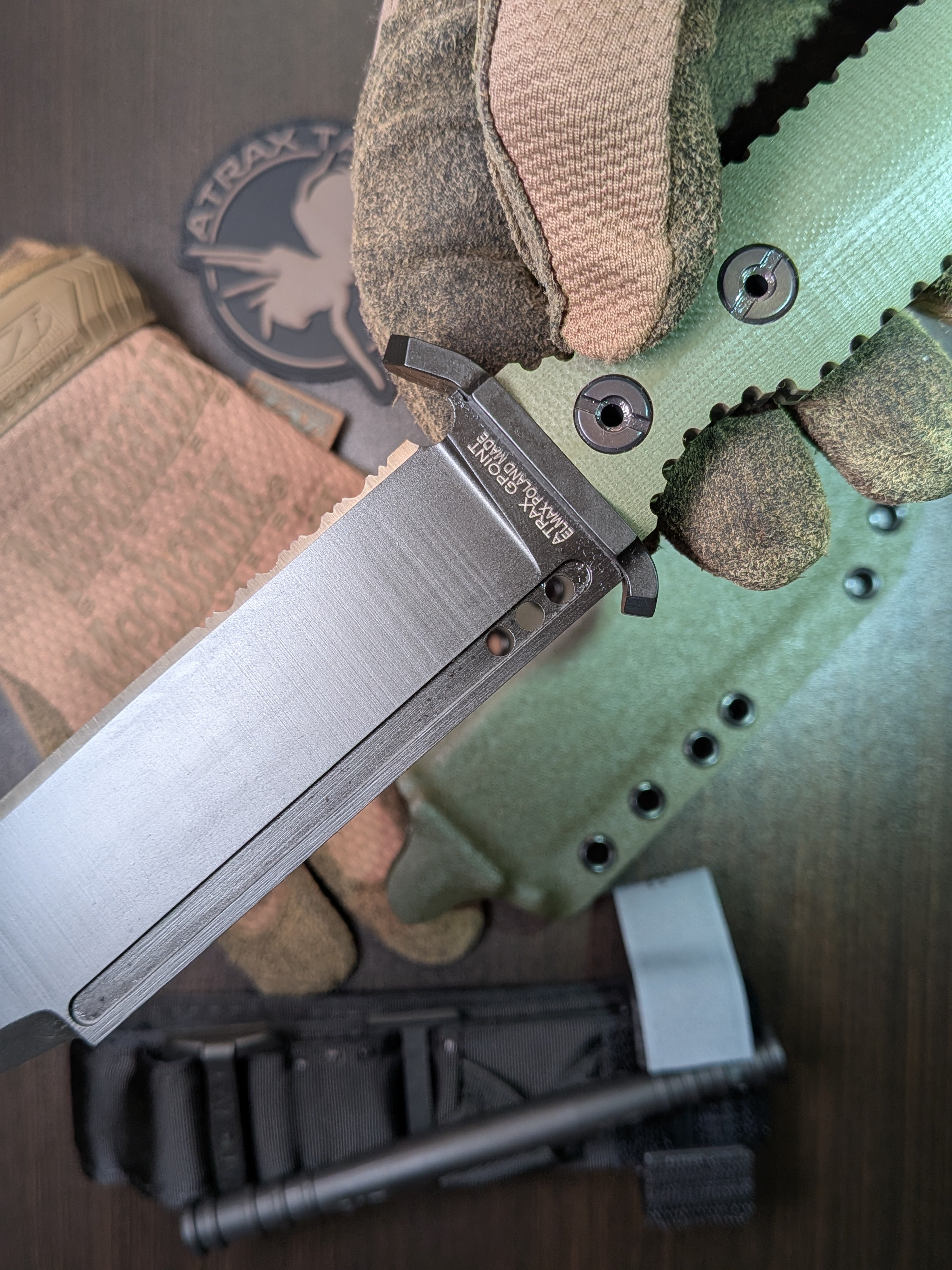 Atrax GPOINT Tactical Knife with OLIVE G10 HANDLE & Armor Black Cerakote steel finish