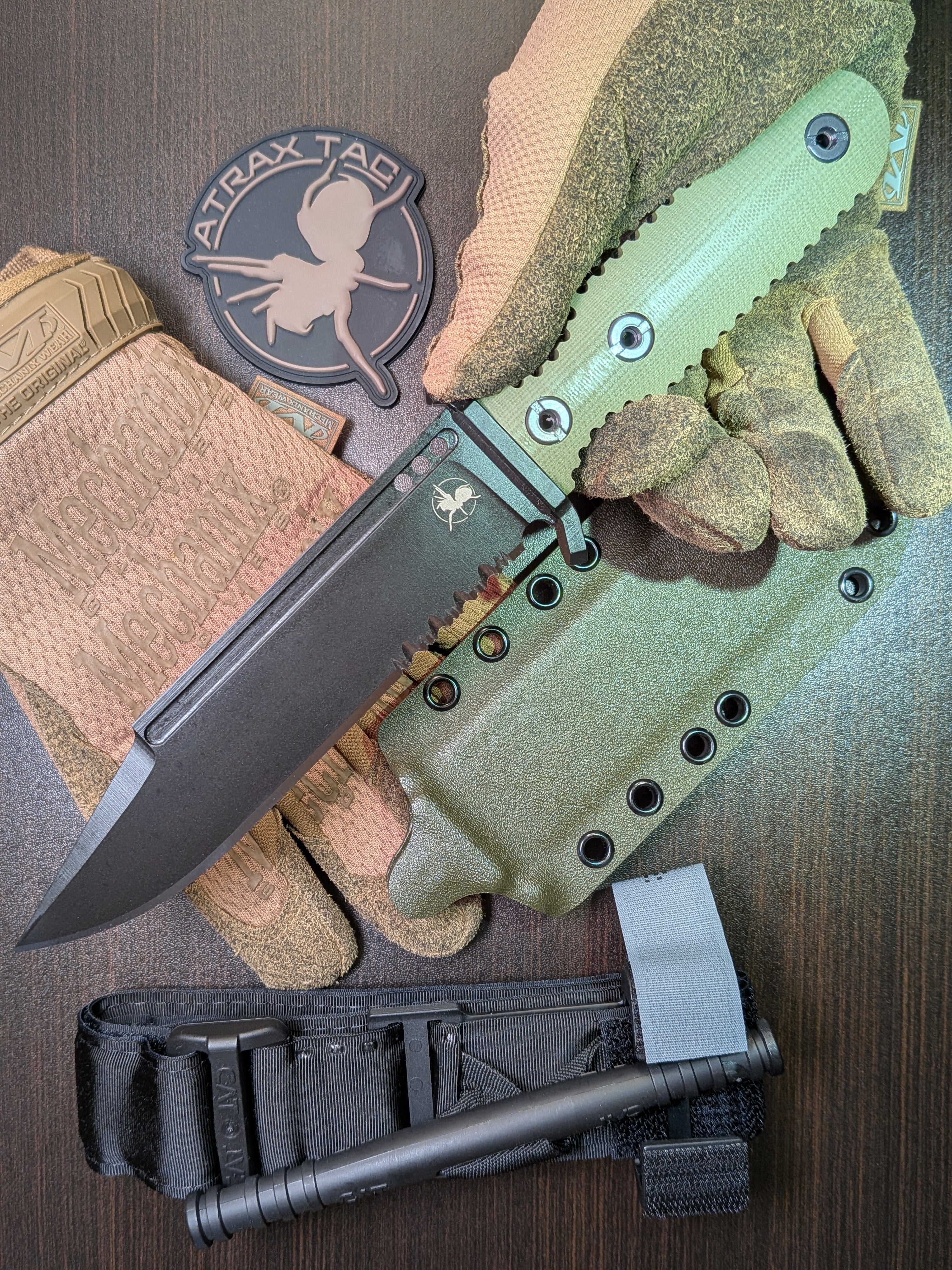 Atrax GPOINT Tactical Knife with OLIVE G10 HANDLE & Armor Black Cerakote steel finish